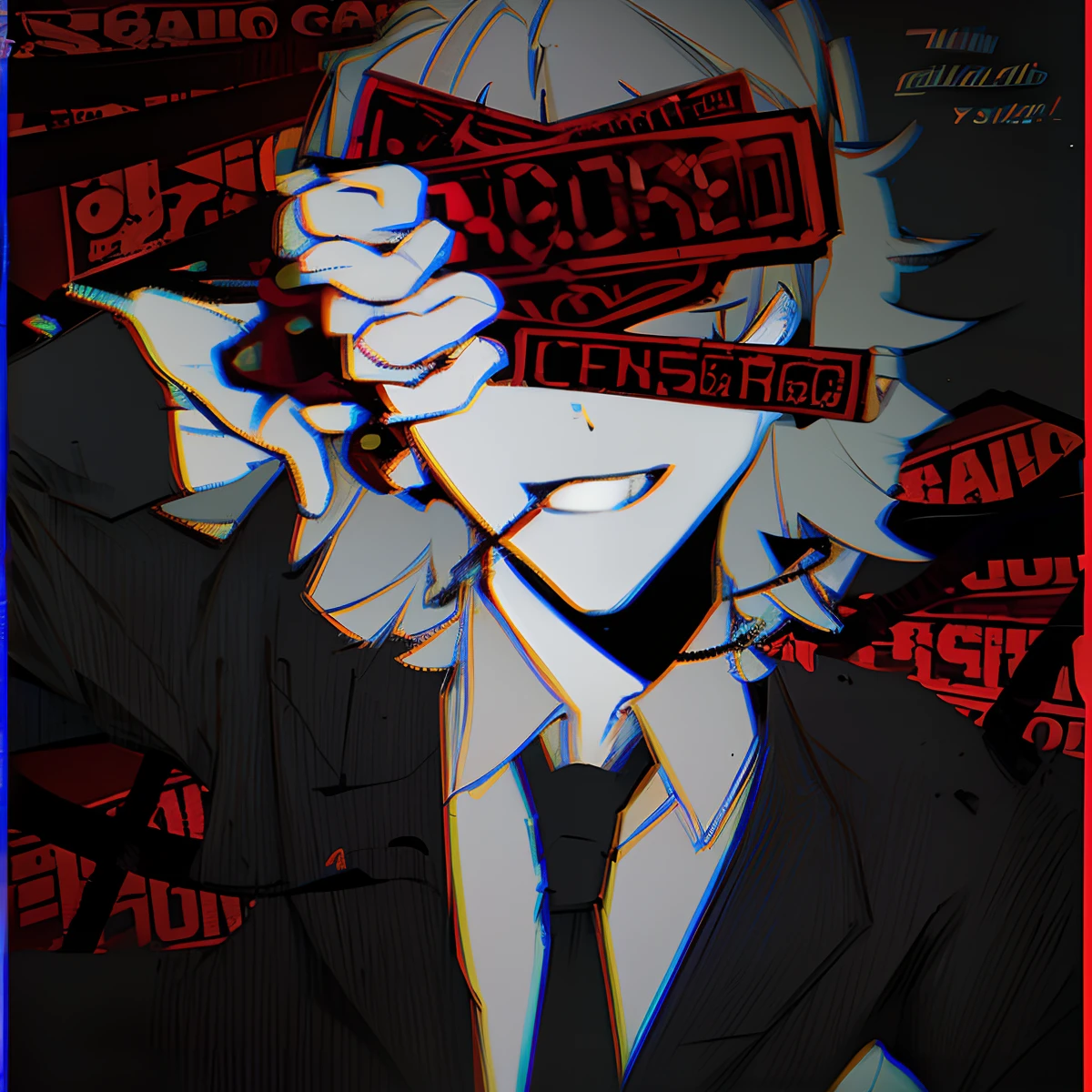 Older teenage Male, white hair, glitchy, evil, error