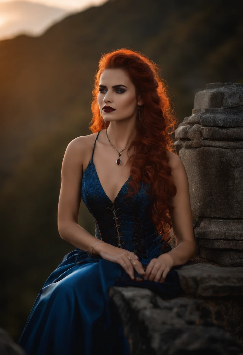 Personagem feminina vampira ruiva de cabelo laranjado e curto, gothic armor, on top of a raised stone in a challenging position, cor dos olhos azul do gelo, manto, capuz, dramatic scene, Torre do Mago, entardecer, magnifica, 8k, estola, roupas preta e vermelha, entardecer, dramatic scene, sky full of clouds, down a ruined staircase fluttering and long handle, cabelo alaranjado curto, lo gothic, vampiro, pensativa, ponderando, sitting in a chair with several books on the table and a quill in her hand to write on the parchment.