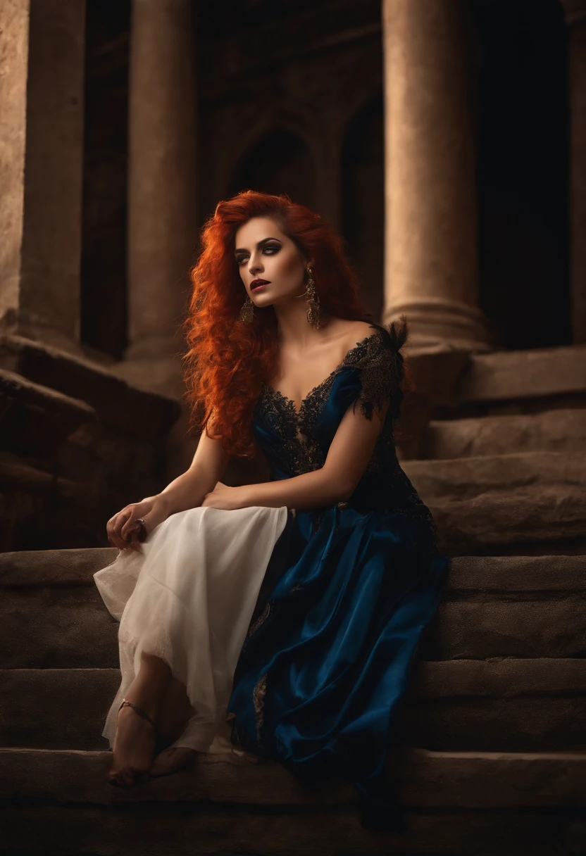 Personagem feminina vampira ruiva de cabelo laranjado e curto, gothic armor, on top of a raised stone in a challenging position, cor dos olhos azul do gelo, manto, capuz, dramatic scene, Torre do Mago, entardecer, magnifica, 8k, estola, roupas preta e vermelha, entardecer, dramatic scene, sky full of clouds, down a ruined staircase fluttering and long handle, cabelo alaranjado curto, lo gothic, vampiro, pensativa, ponderando, sitting in a chair with several books on the table and a quill in her hand to write on the parchment.