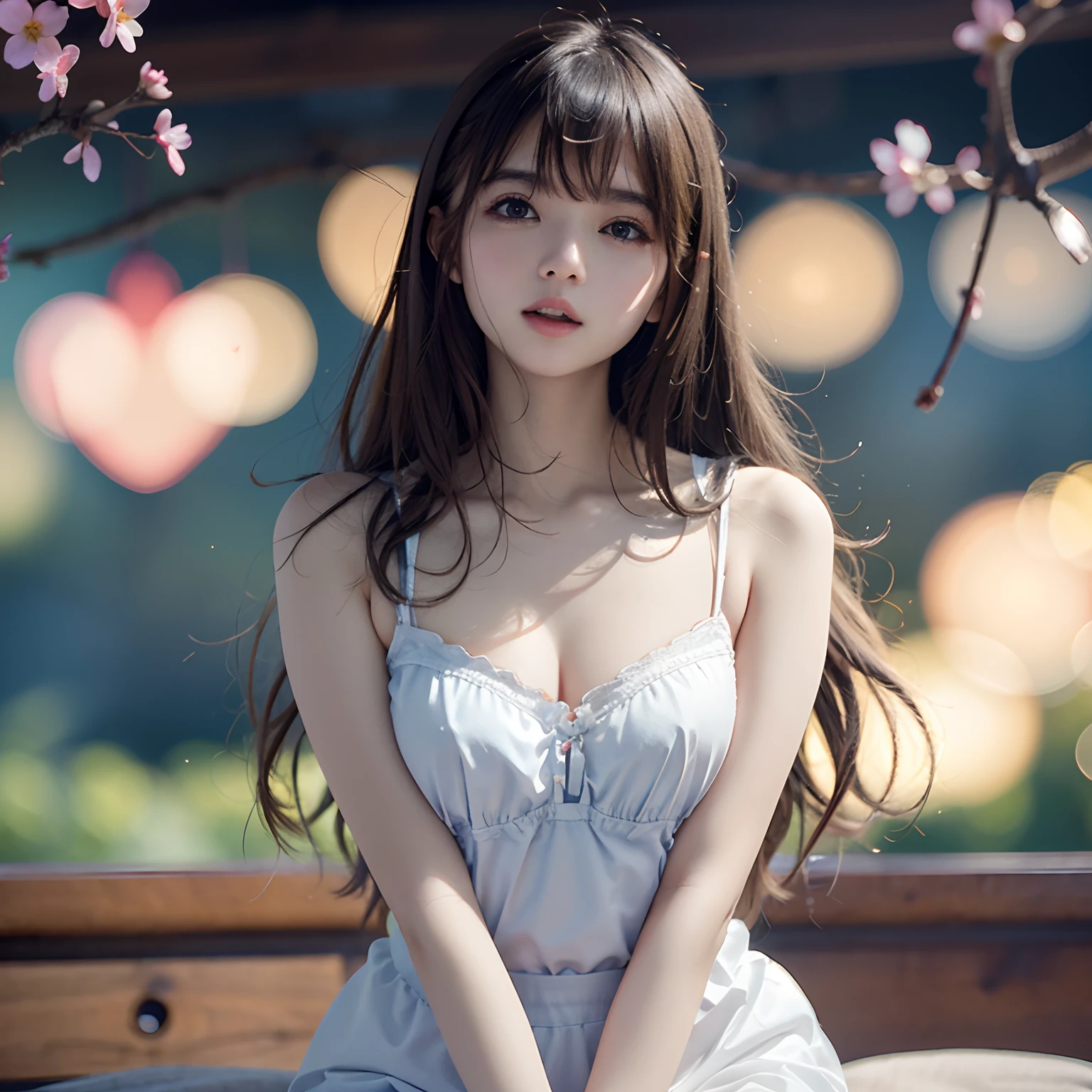 ((top quality, 8k, Masterpiece, photorealistic , 35mm lens, f/0.8, amazing cute perfect figure :1.4)), cinematic lighting, ((flat chest :0.8)), (white Gothic :1.2),circlet on head, (outside the castle background:1.2), Highly detailed face and skin texture:1.2, Detailed black eyes:1.2, super detailed skin, shiny skin:1.2, Beaming , beautiful detailed makeup, high-fidelity bangs, very brilliant light silver twin tale hairstyle, sit, head tilt, looking at viewer, baby face