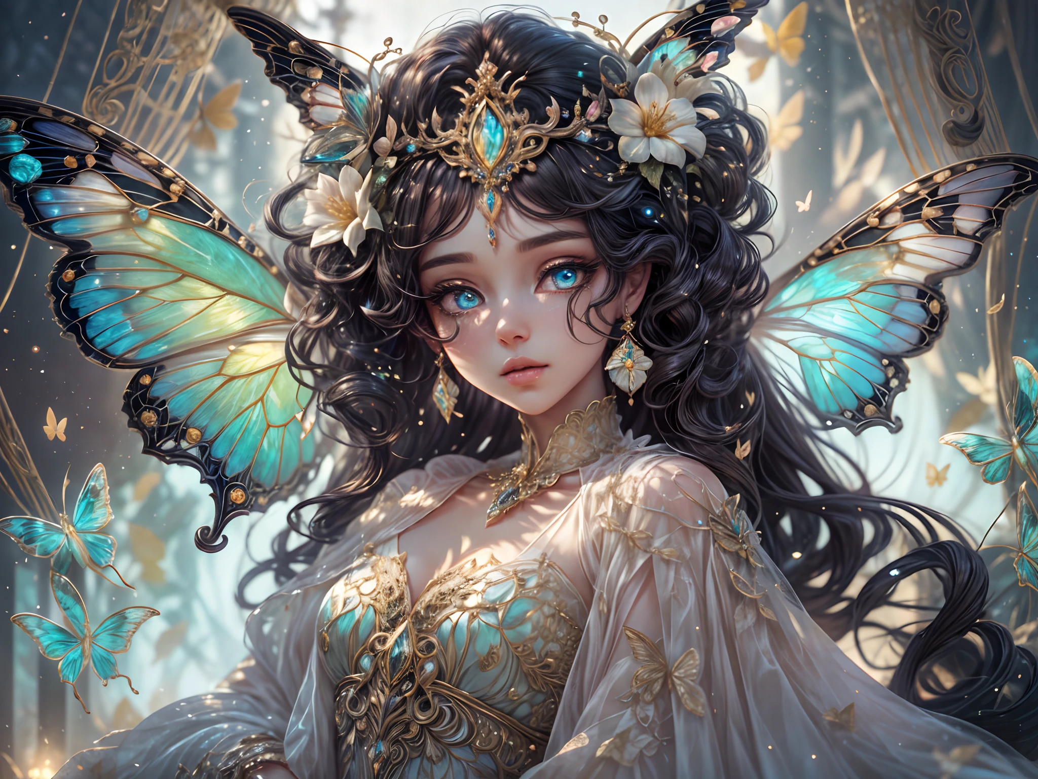 This is、It's a masterpiece of realistic fantasy with lots of sparkles, Glitter, and intricate ornate details. Produces one ite woman with a beautiful delicate crown sitting on a garden swing at night. She is a beautiful and seductive butterfly queen with stunning curly black hair, (((Incredibly realistic and detailed dynamic eyes in bright colors with realistic shading))).  Her skin is translucent white, Her eyes are shining, And her dress is elegant. Her dress is spun with delicate and finest gossamer silk, Convoluted, Delicate floral details and gold silk butterfly sleeves. Her face is lovely and lonely. Include flowers that glow in the dark, Lots of particles, Highly realistic fantasy butte fly with translucent gem-colored wings and fine details, And shine. Artwork done in the style of Guviz、Trending fantasy titles from Artstation and Midjourney、Reminds of the masters of this genre. camera: Using dynamic composition techniques、Emphasizes ethereal delicacy and delicate details.