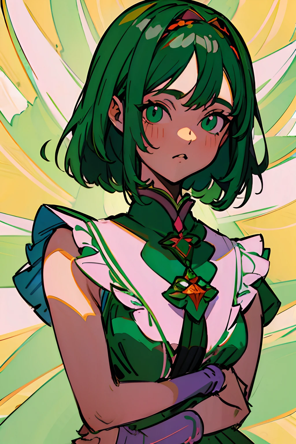 Uma garota de anime com cabelo loiro curto e verde escuro com uma figura graciosa, retrato bonito do anime, estilo anime 8k, beautiful face, Fantasia Cosplay Asuka, Cosplay.