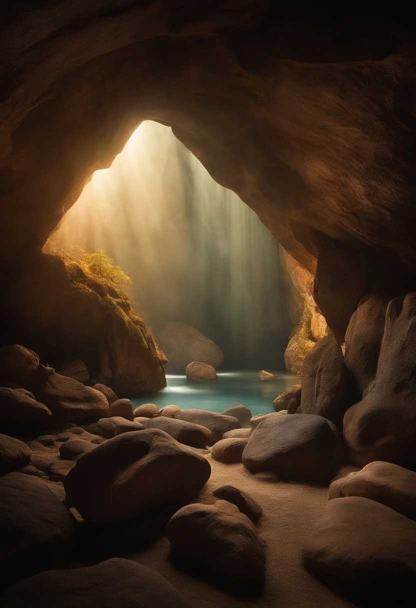 make an image of a realistic cave being seen from the entrance door with stalachitite, in very little light