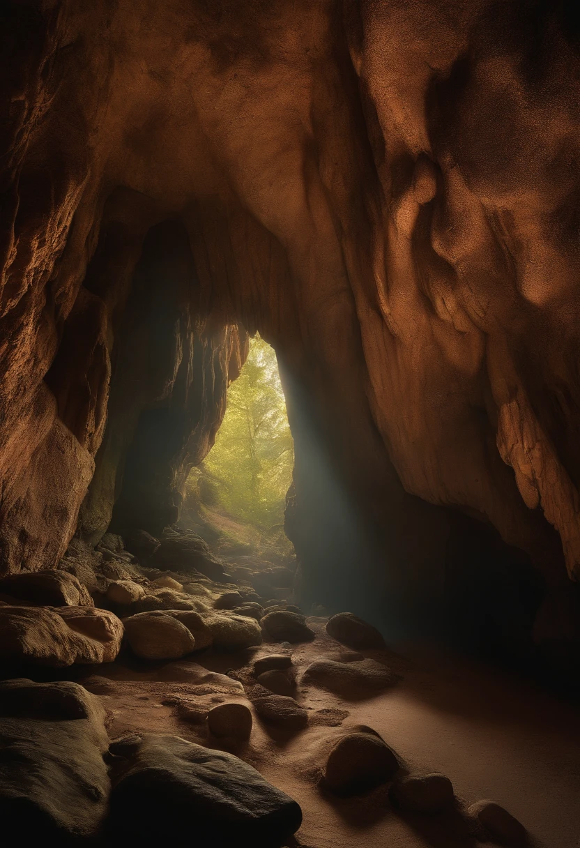make an image of a realistic cave being seen from the entrance door with stalachitite, in very little light