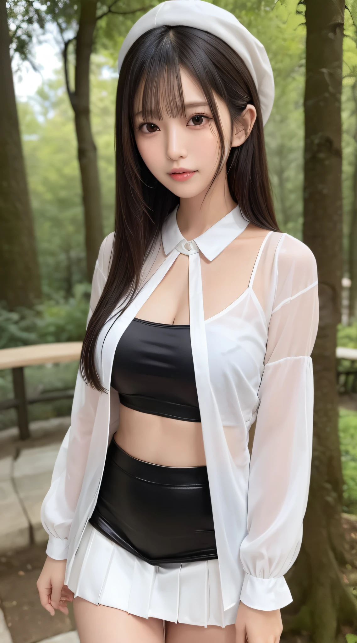 (Best Quality, 8K, masutepiece, Ultra HD: 1.3), 1girl in, small tits ,light brown hair, Blunt bangs, hair behind ear, hair over shoulder, Long hair,  slender body shape, Ultra Fine Face, Delicate lips, Beautiful eyes, Double eyelids, lipsticks, thin blush ,Black eyes ,perfect glossy skin,flawless skin　fair white skin ,Glistening sweat,A gaze that captivates you, Chest,Ultra-thin hands, Ultra-fine fingers, White blouse with collar, tight skirts , beauty legs ,Low Heels. outside of house、In the middle of a date