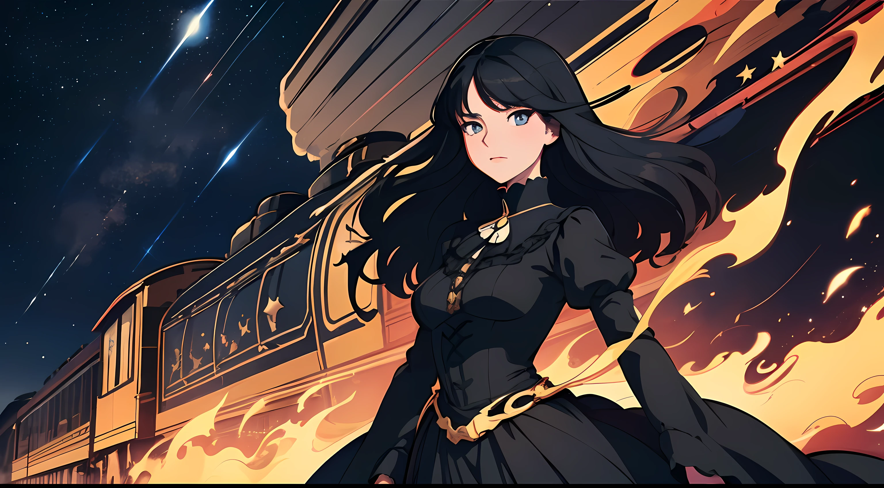 beautiful and asethetic, masterpiece, movie poster, best quality, drawing of a of a long black haired woman with a high collared black long sleeved victorian dress dramatic pose in front of a steam train, celestial, stars, bright colors, abstract, by james jean style, fantastical elements