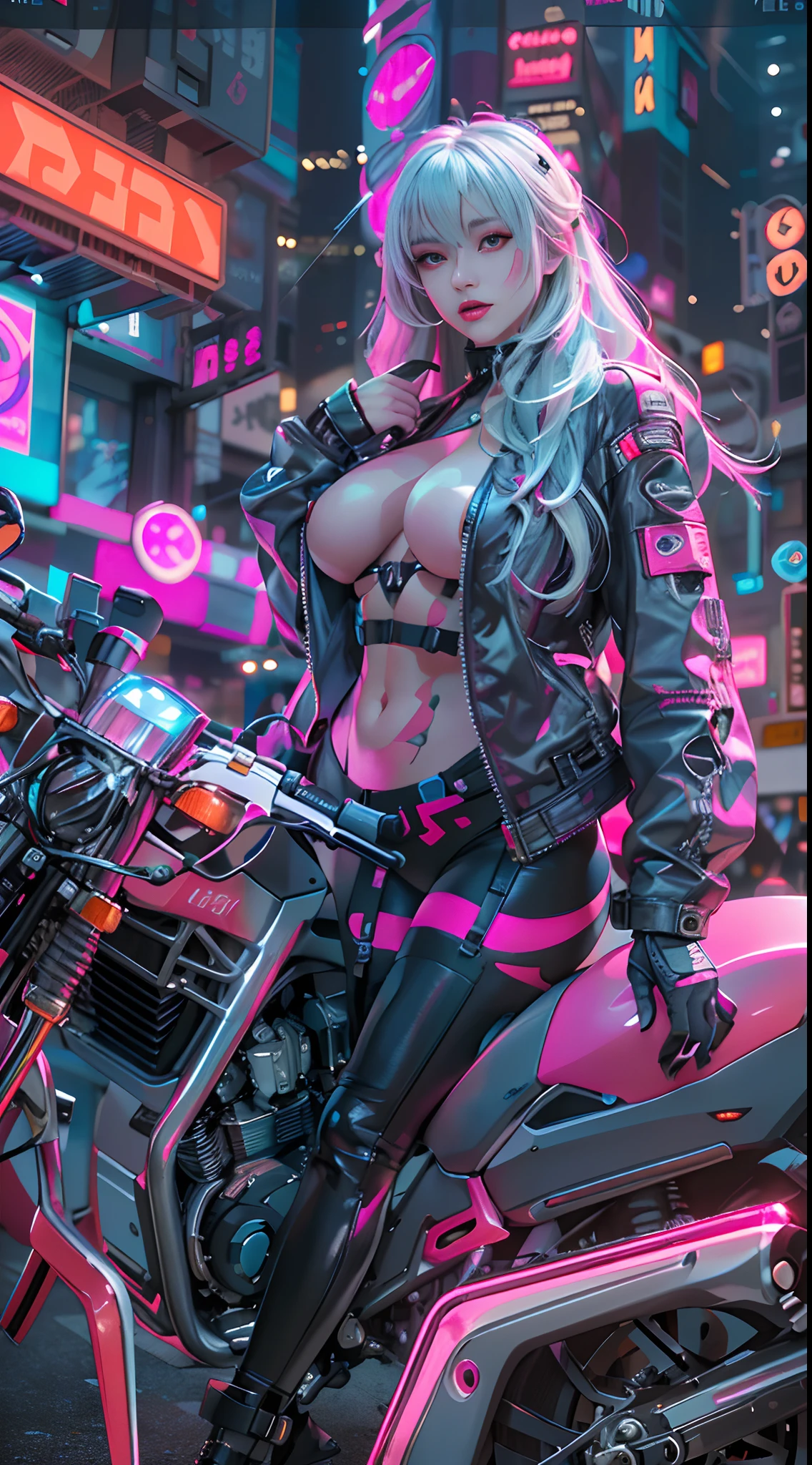 Extremely tall and plump body,(Extra-large big breasts,Abs,Giant buttocks,Huge thick long legs),(full body shot shot),Very detailed faces,Masterpiece, Best quality, Confident cyberpunk girl, Full body shot, ((Stand in front of the motorcycle)), Popular costumes in Harajuku style, Bold colors and patterns, Eye-catching accessories, Trendy and innovative hairstyle, Cyberpunk wind mechanical heels,Vibrant makeup, Cyberpunk's dazzling cityscape, skyscrapper, Neon signs, LED lights, Bright and vivid color scheme, anime big breast, illustration, Detailed skin texture, Detailed cloth texture, Beautiful detailed face, Intricate details, Ultra detailed.