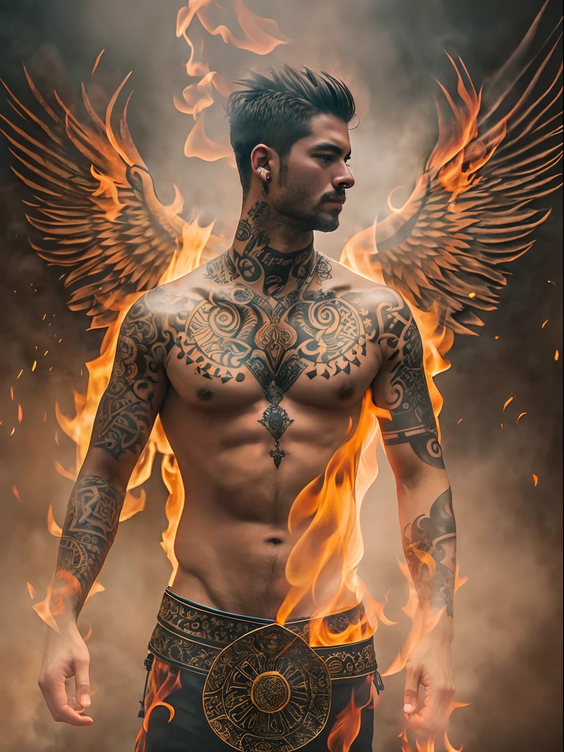 Angelic Man, fire, mist, Tribal tattoo
PhotoReal, 768x512, Alchemy