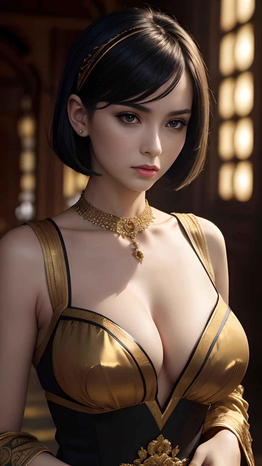 Photorealistic Production, (One Person), (Realistic Image of a 25 Years Old British Female Model), (Shoulder-level Bob Black Hair), (Pale Skin), (Wearing a Deep Cleavage Black Ornated Kebaya Dress with Silk Cloth and Golden Jeweleries), (Serious Face), (Dynamic Pose), Centered, (Half Body Shot), From Front Shot, Insane Details, Intricate Face Detail, Intricate Hand Details, Cinematic Shot and Lighting, Realistic Colors, Masterpiece, Sharp Focus, Ultra Detailed, Taken with DSLR camera, Realistic Photography, Depth of Field, Incredibly Realistic Environment and Scene, Master Composition and Cinematography