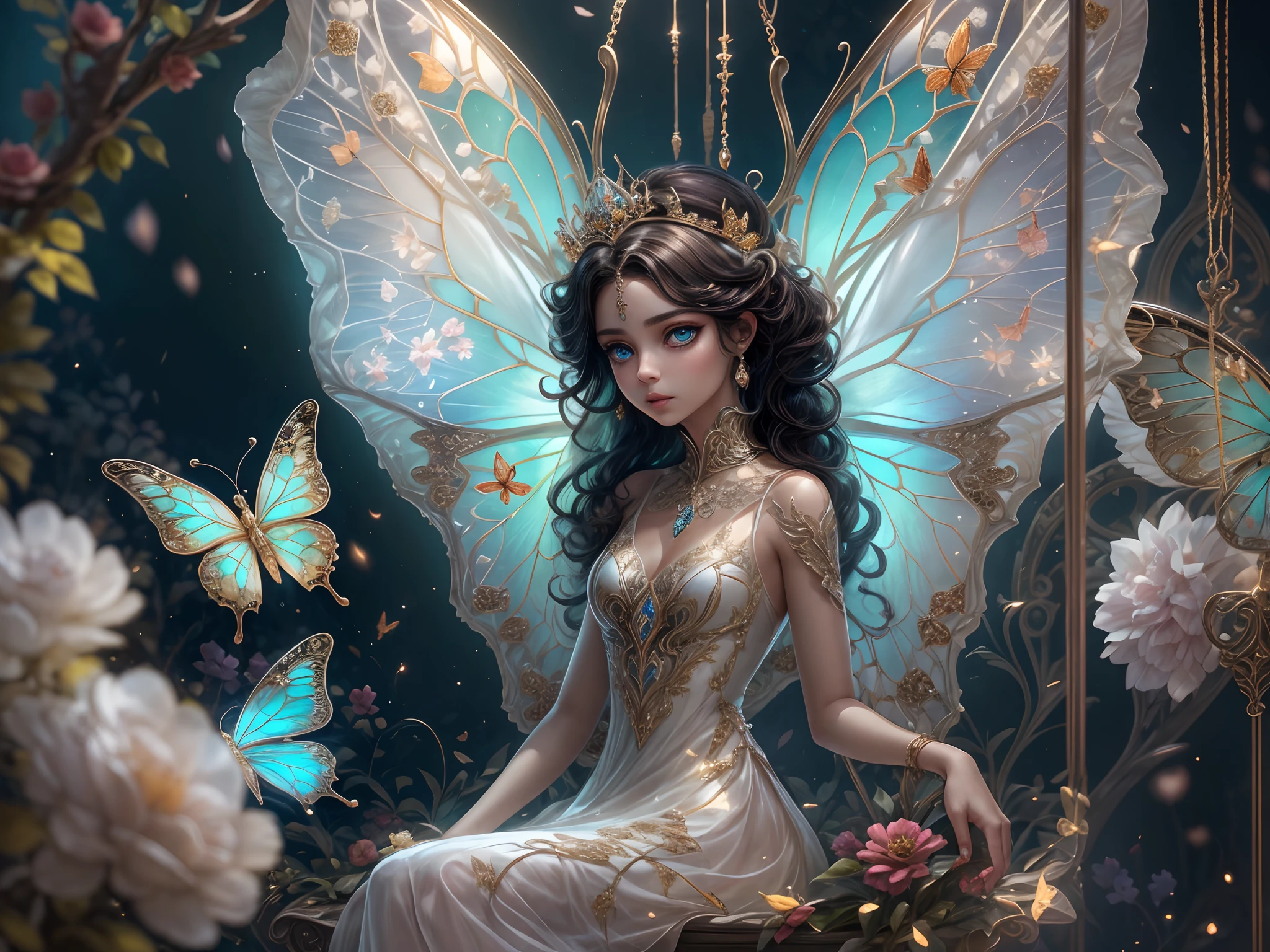 This is、It's a masterpiece of realistic fantasy with lots of sparkles, Glitter, and intricate ornate details. Produces one petite woman with a beautiful delicate crown sitting on a garden swing at night. She is a beautiful and seductive butterfly queen with stunning curly black hair, (((Incredibly realistic and detailed dynamic eyes in bright colors with realistic shading))).  Her skin is translucent white, Her eyes are shining, And her dress is elegant. Her dress is spun with delicate and finest gossamer silk, Convoluted, Delicate floral details and gold silk butterfly sleeves. Her face is lovely and lonely. Include flowers that glow in the dark, Lots of particles, Highly realistic fantasy butte fly with translucent gem-colored wings and fine details, And shine. Artwork done in the style of Guviz、Trending fantasy titles from Artstation and Midjourney、Reminds of the masters of this genre. camera: Using dynamic composition techniques、Emphasizes ethereal delicacy and delicate details.