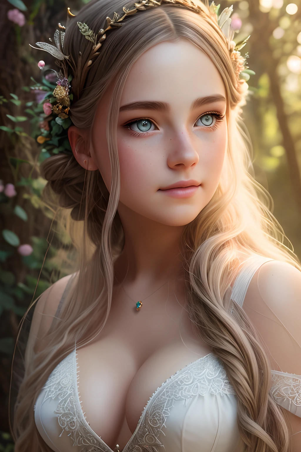 Highly detailed portrait of a beautiful fairy, in a boat, fairytale, (busty) symmetrical face, symmetrical eyes, looks into the camera, stunning photography, photorealistic, soft pastel colours, highly detailed, intricate, path tracing, illustration, insanely detailed, shadow mapping volumetric light, specular lighting