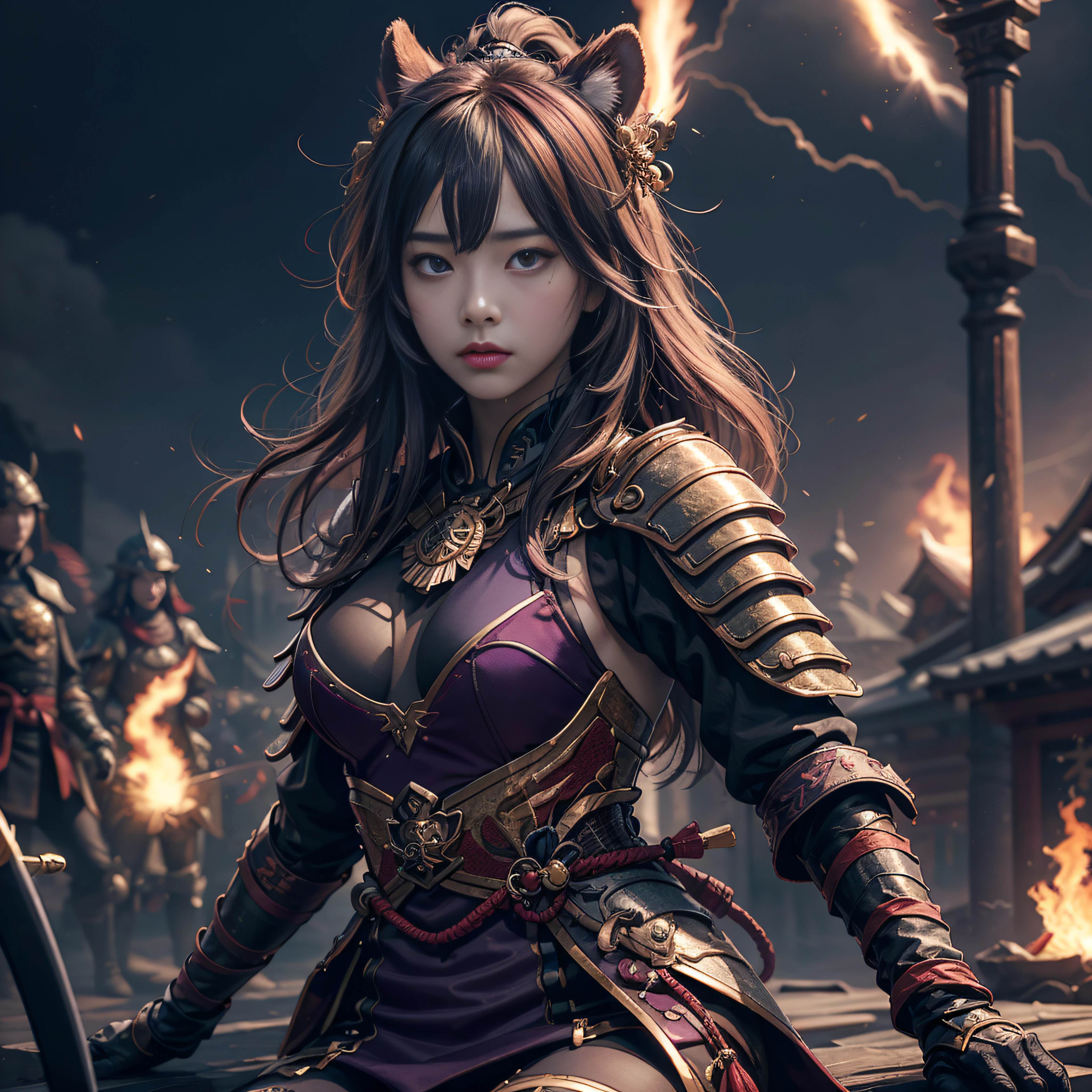 masterpiece、best qualtiy、detaileds、depth of fields、Ultra-realistic and realistic face and eyes、realistic skin textures、电影灯光、Gaze on the audience。1 girl in、独奏、(frowned、Mouth closed)、Ketin_\(Genshin_impactful\)、Purple_Eyes、purple color hair、both sides、sharp eye、serious faces、gloves、Black stockings、outside of house、purple lightning、Fileg、Lightning shining sword、purple lightning、full body Esbian、Colossal tits Japan have a sword