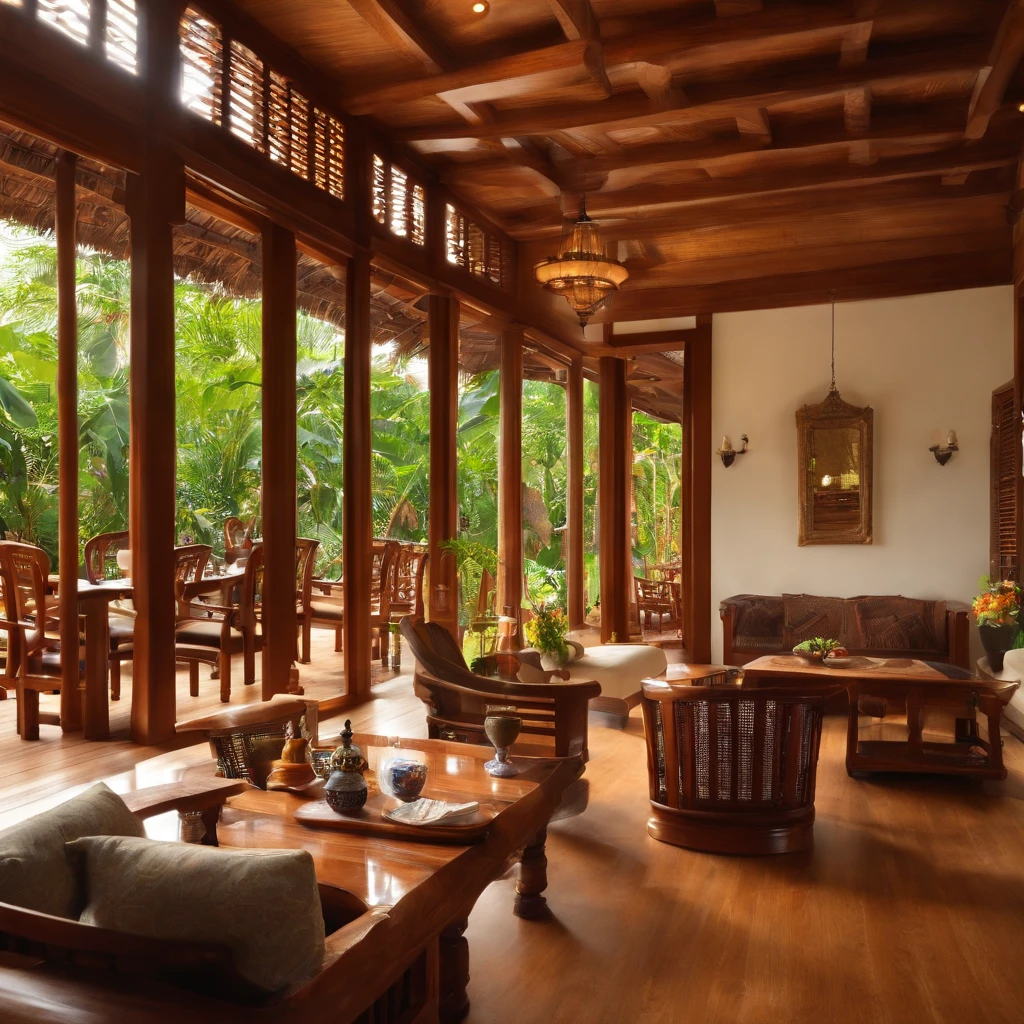 living room with wooden tables and chairs, peaceful wooden villa, wooden house, wooden furniture, wooden ceiling, interior, inside the building, inside the house in the village, luxury wooden house, interior view, home interior living room, view from inside, living room, traditional Vietnamese style, with precious wood details, front, decorated with precious wood