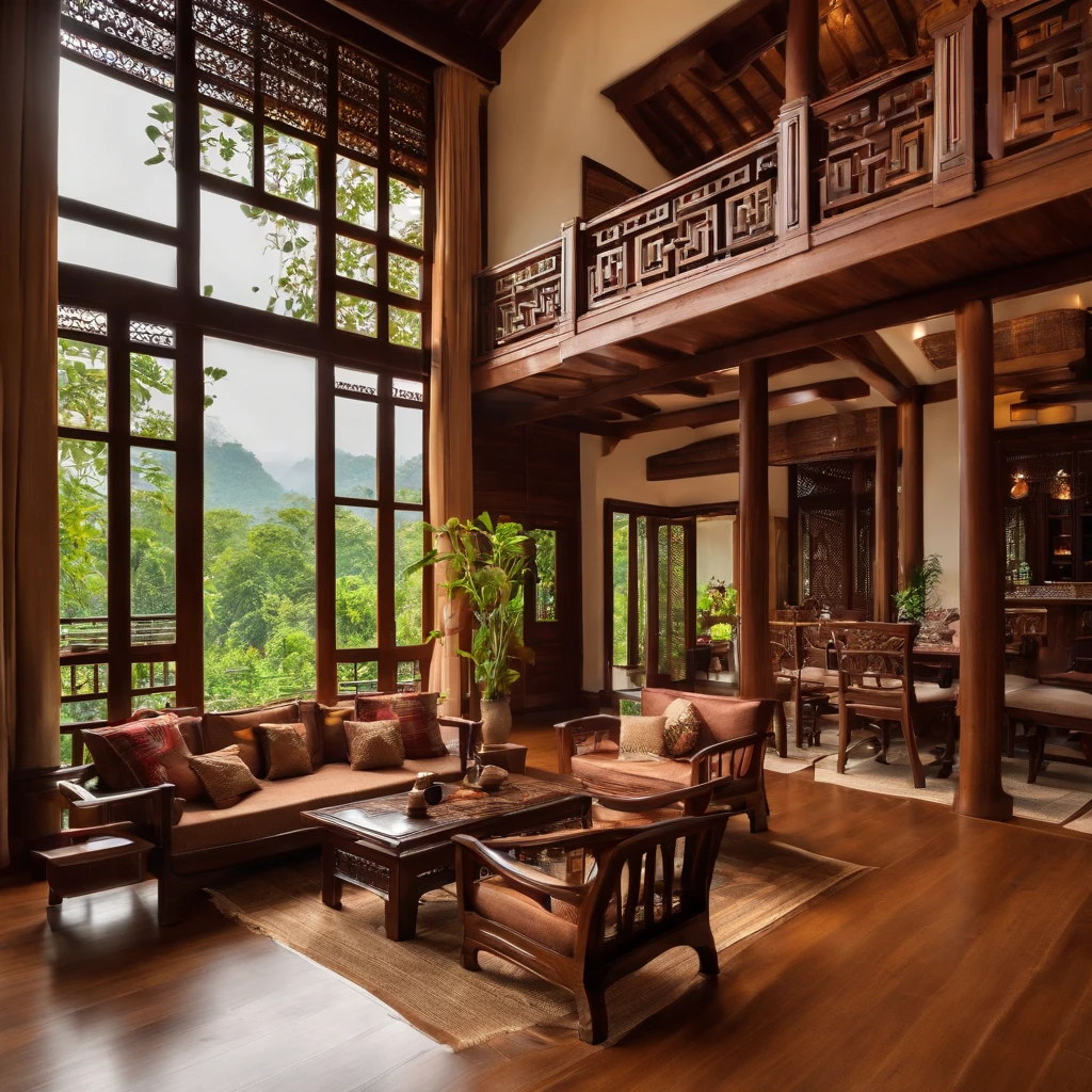 living room with wooden tables and chairs, peaceful wooden villa, wooden house, wooden furniture, wooden ceiling, interior, inside the building, inside the house in the village, luxury wooden house, interior view, home interior living room, view from inside, living room, traditional Vietnamese style, with precious wood details, front, decorated with precious wood