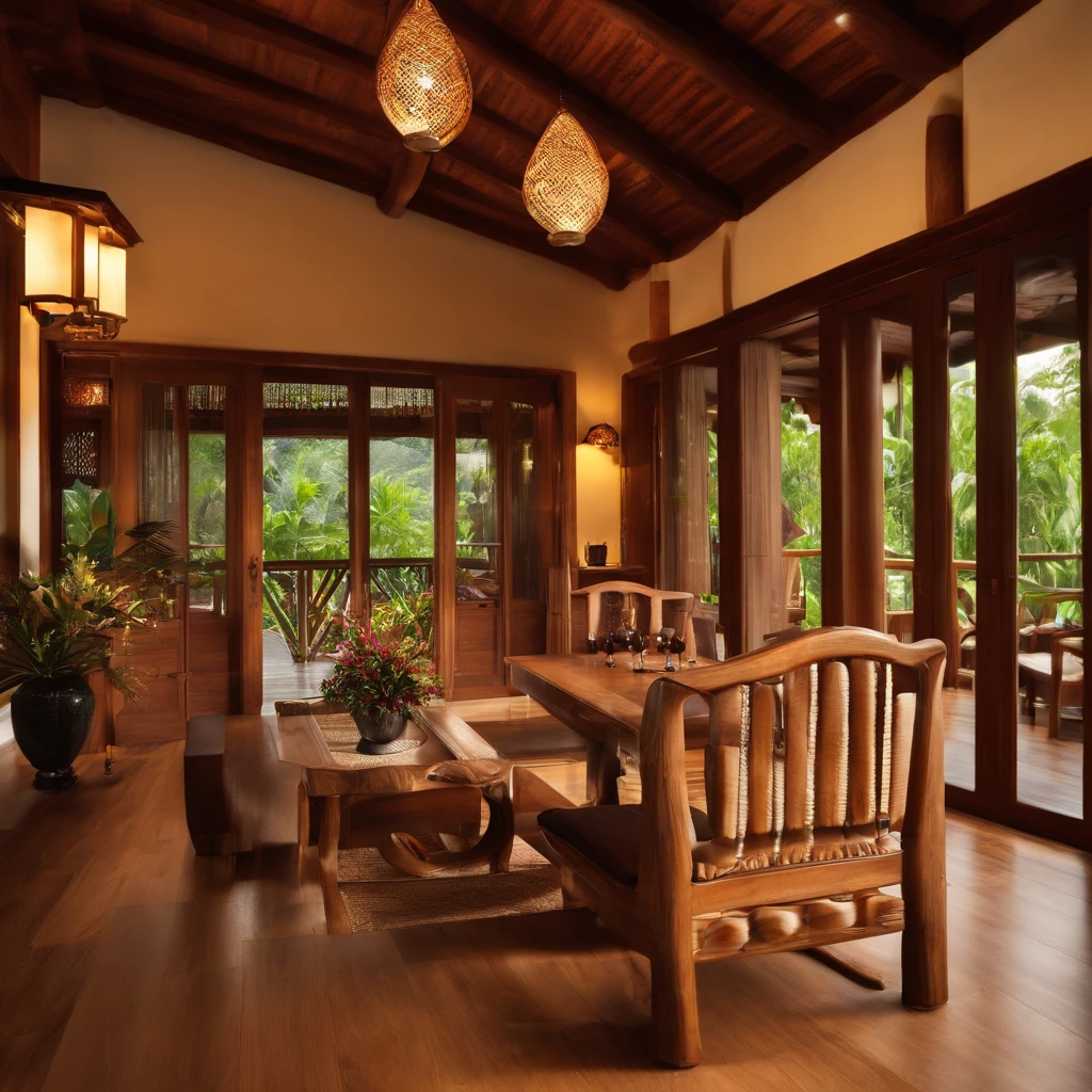 living room with wooden tables and chairs, peaceful wooden villa, wooden house, wooden furniture, wooden ceiling, interior, inside the building, inside the house in the village, luxury wooden house, interior view, home interior living room, view from inside, living room, traditional Vietnamese style, with precious wood details, front, decorated with precious wood