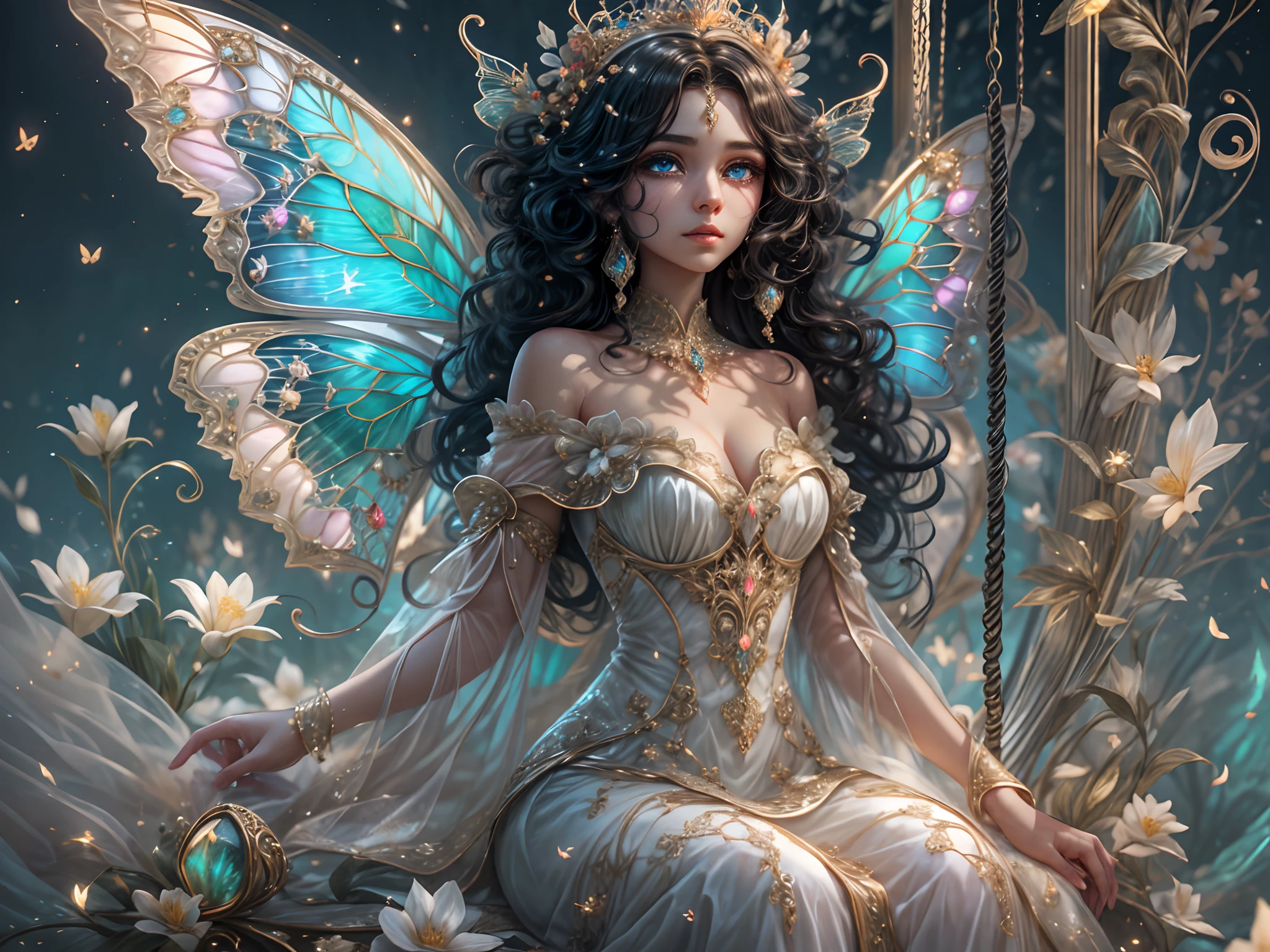 This is、It's a masterpiece of realistic fantasy with lots of sparkles, Glitter, and intricate ornate details. Produces one ite woman with a beautiful delicate crown sitting on a garden swing at night. She is a beautiful and seductive butterfly queen with stunning curly black hair, (((Incredibly realistic and detailed dynamic eyes in bright colors with realistic shading))).  Her skin is translucent white, Her eyes are shining, And her dress is elegant. Her dress is spun with delicate and finest gossamer silk, Convoluted, Delicate floral details and gold silk butterfly sleeves. Her face is lovely and lonely. Include flowers that glow in the dark, Lots of particles, Highly realistic fantasy butte fly with translucent gem-colored wings and fine details, And shine. Artwork done in the style of Guviz、Trending fantasy titles from Artstation and Midjourney、Reminds of the masters of this genre. camera: Using dynamic composition techniques、Emphasizes ethereal delicacy and delicate details.