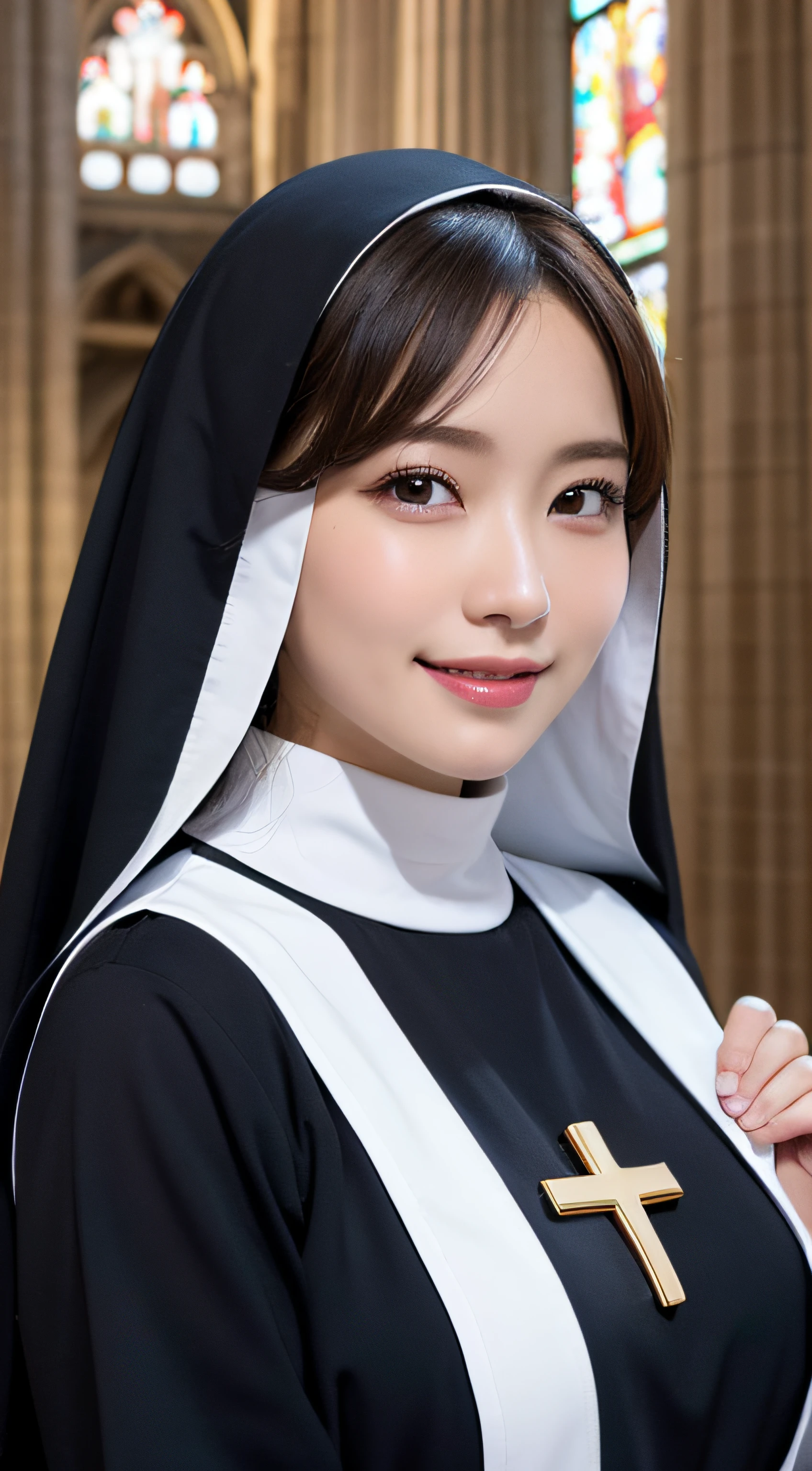 (masutepiece), Best Quality, Photorealsitic, finely detail, hight resolution, 8K Wallpapers, Perfect dynamic composition, Beautiful detailed eyes, Medium Hair, (Nun with cross and rosary in hand in cathedral), (Veiled nun), (Breast bulge 1.2), A smile, Open mouth、25-years old, (Drooping eyes 1.4), Adult beauty, Japanese.