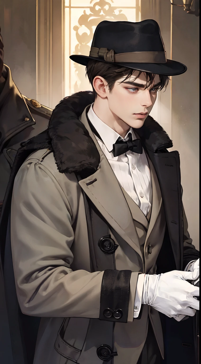 masterpiece, best quality, realistic, 1man, mature male, quiet and charming young man, 25 years old, close his eyes, serious look, extremely detailed face, ((dark grey eyes)), ((short-right-swept dark brown hair)), [thick eyebrows], detective, ((Dressed in a classic overcoat and fedora hat with gloves)), cinematic lighting, looking at the audience, posture dynamics, Victorian era, reading
