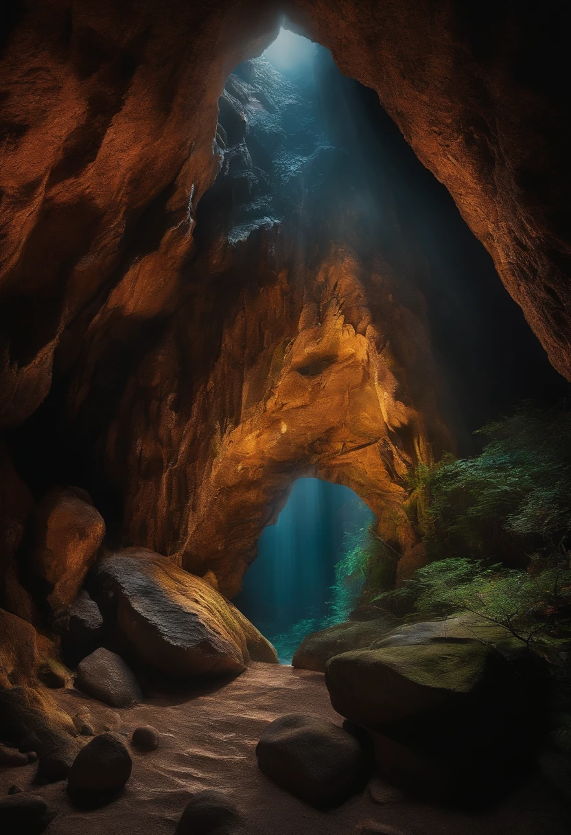 make an image of a realistic cave being seen from the entrance door with stalachitite, dark and with stones