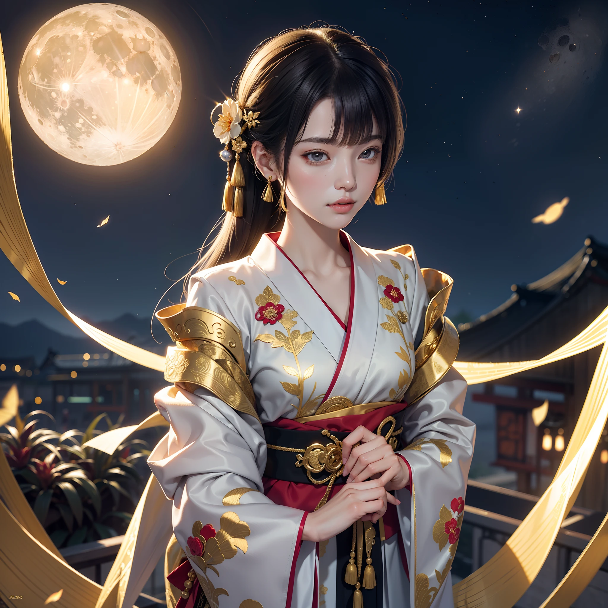 Detailed background((a moon：1.5),Desolate city)、BREAK,elaborate costume{Luxury kimono(Oil-colored kimono(Detailed golden embroidery,))}、(Japanese Idol(actress):1.2)(face perfect:1.2),Depicting a beautiful and classy adult woman。glossy dark hair,poneyTail,Heart in the eye。 Wallpapers 16K, .Blur the background with a sickle,((masutepiece)), ((Best Quality)),{{a portrait photo of}},full body Esbian、Faraway view,Like a corporate logo
