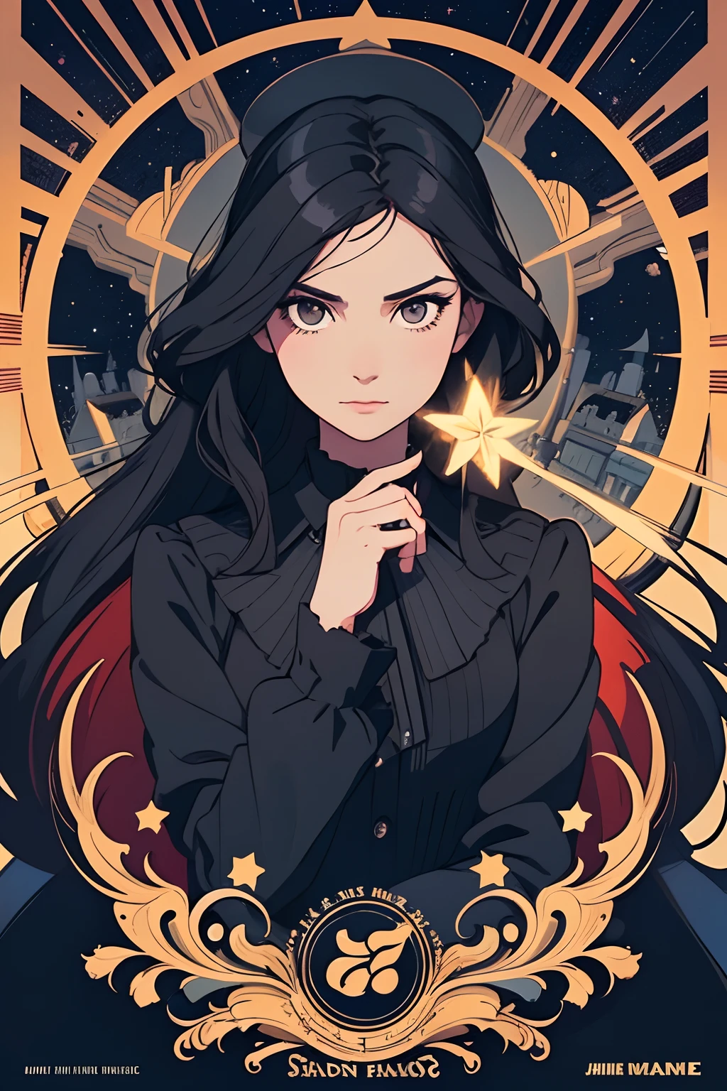 beautiful and asethetic, masterpiece, movie poster, best quality, drawing of a of a long black haired woman with a high collared black long sleeved victorian dress dramatic pose in front of a steam train, celestial, stars, bright colors, abstract, by james jean style, fantastical elements