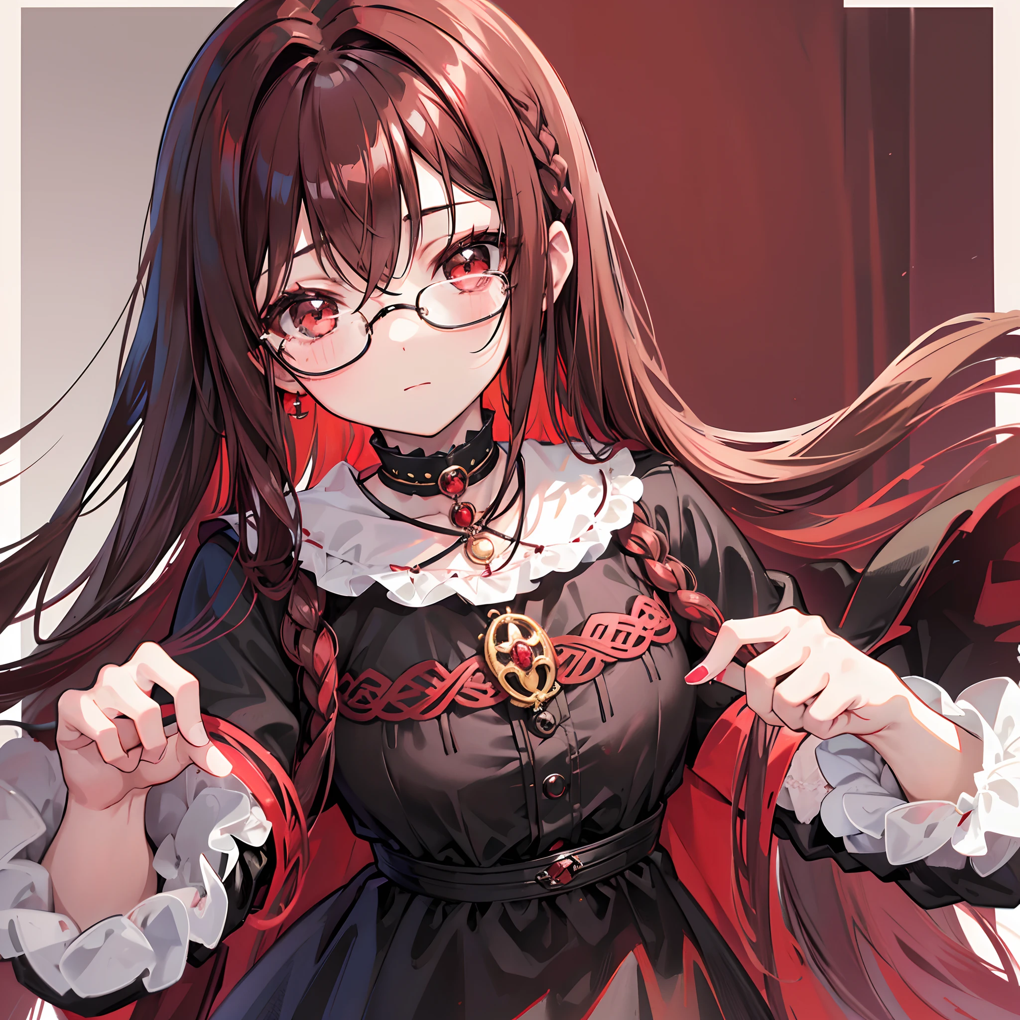 Reddish brown braided hair，With thick black-framed glasses，The eyes are very affectionate，With a cute black ring necklace，Lolita clothes in brown and red colors，The face is shiny and super tender，is a ite cute liteet girl