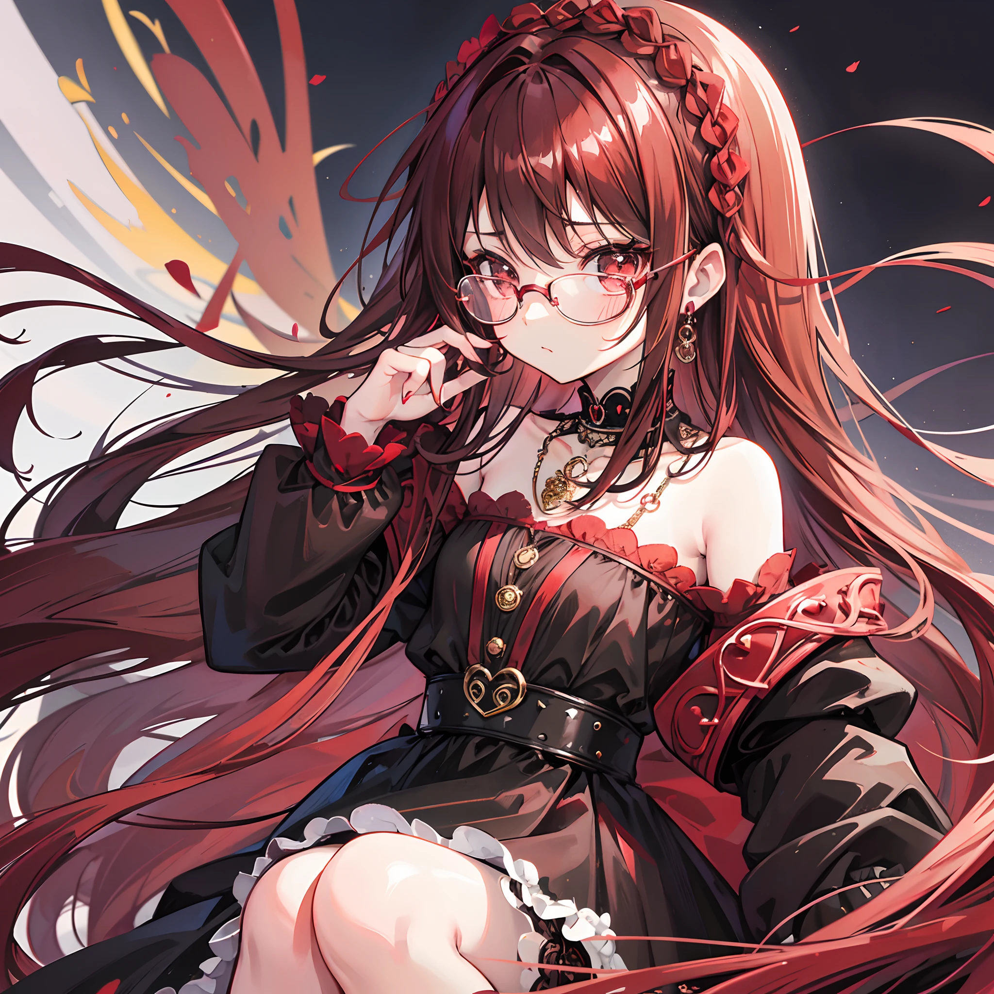 Reddish brown braided hair,With thick black-framed glasses,The eyes are very affectionate,With a cute black ring necklace,Lolita clothes in brown and red colors,The face is shiny and super tender,is a ite cute liteet girl