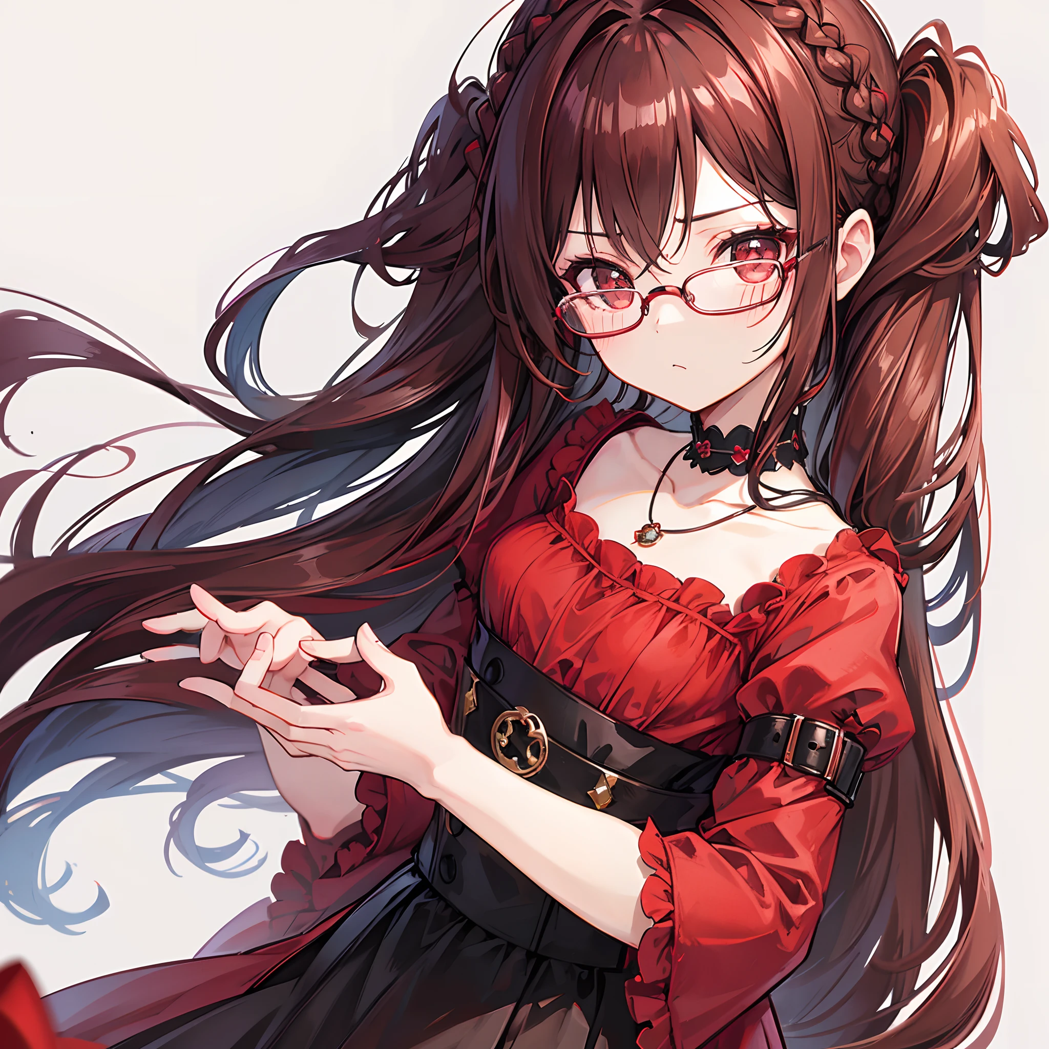 Reddish brown braided hair，With thick black-framed glasses，The eyes are very affectionate，With a cute black ring necklace，Lolita clothes in brown and red colors，The face is shiny and super tender，is a ite cute liteet girl