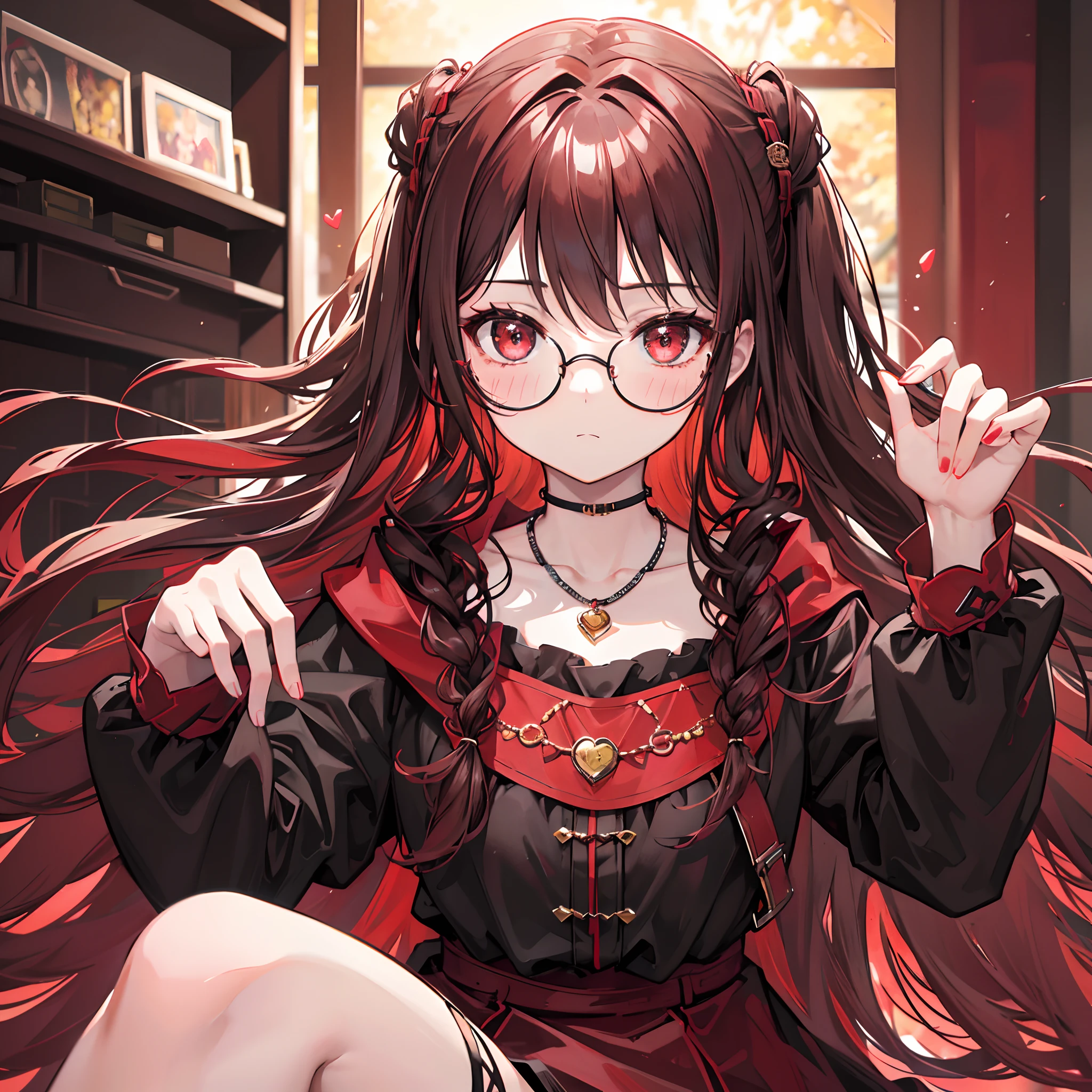 Reddish brown braided hair,With thick black-framed glasses,The eyes are very affectionate,With a cute black ring necklace,Lolita clothes in brown and red colors,The face is shiny and super tender,is a petite cute little sweet girl