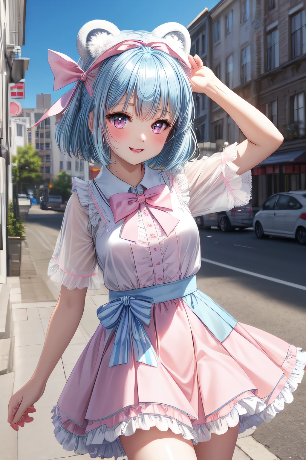 (perfection:1.1), (flawless:1.1), (best quality:1.2), (highest quality:1.2), urban street, 1girl, solo, (:1.1), (child:1.1), (cute dress:1.1), sexy smirk, (blushing:1.1), colorful hair, short hair, small breasts, athletic body, highest quality eyes, highly detailed, 4k, best resolution, high quality shadows, beautiful quality light, best quality upscale, most beautiful upscale
