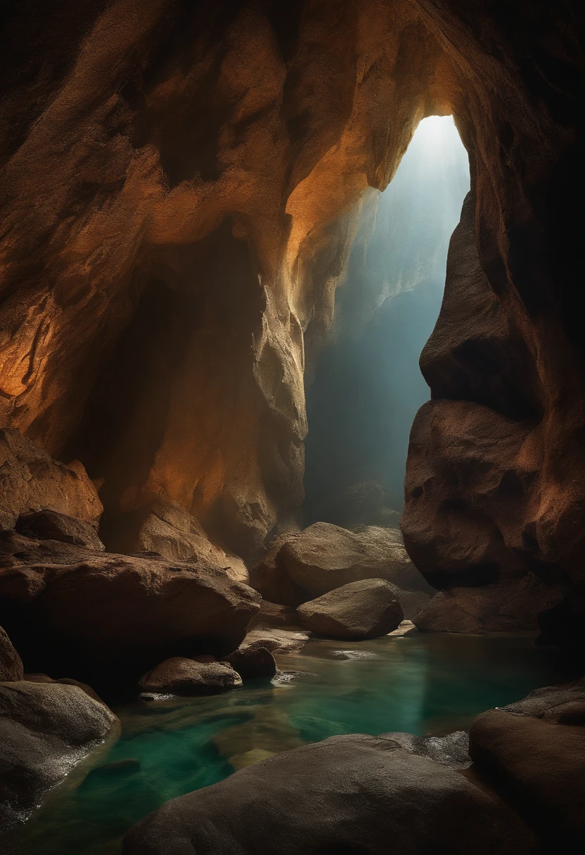 make an image of a realistic cave being seen from the entrance door with stalachitite, dark and with rocks and no water