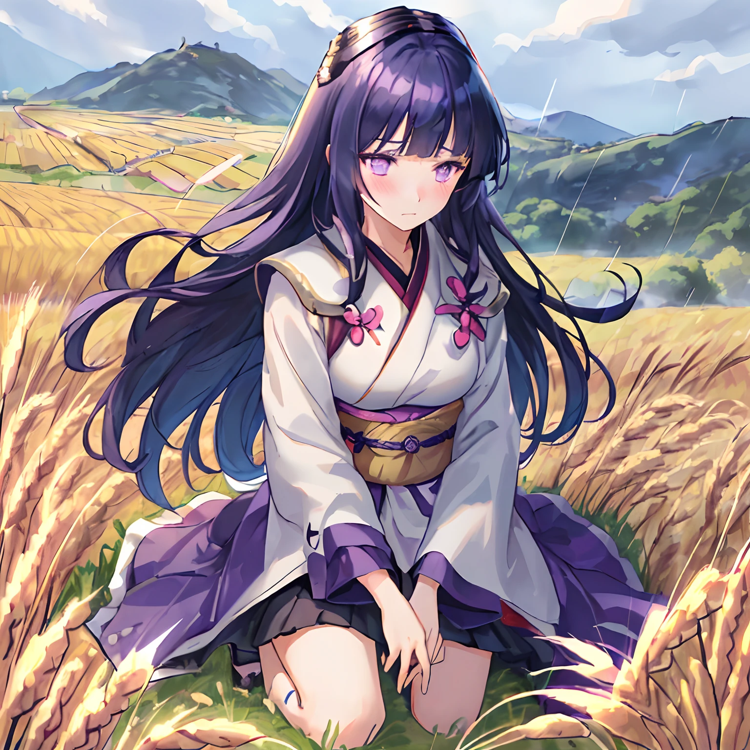 masterpiece, high detailed, high resolution, 4k, (1girl, solo, samurai armor, sad, depressed, mourning,Blunt Bangs, purple eyes, long dark blue hair, blush, no helmet, fit, on knees, pretty eyes, beautiful face), (rainy, wheat field, cloudy, sword in the ground), arms on knee, hair blowning, (perfect fingers)