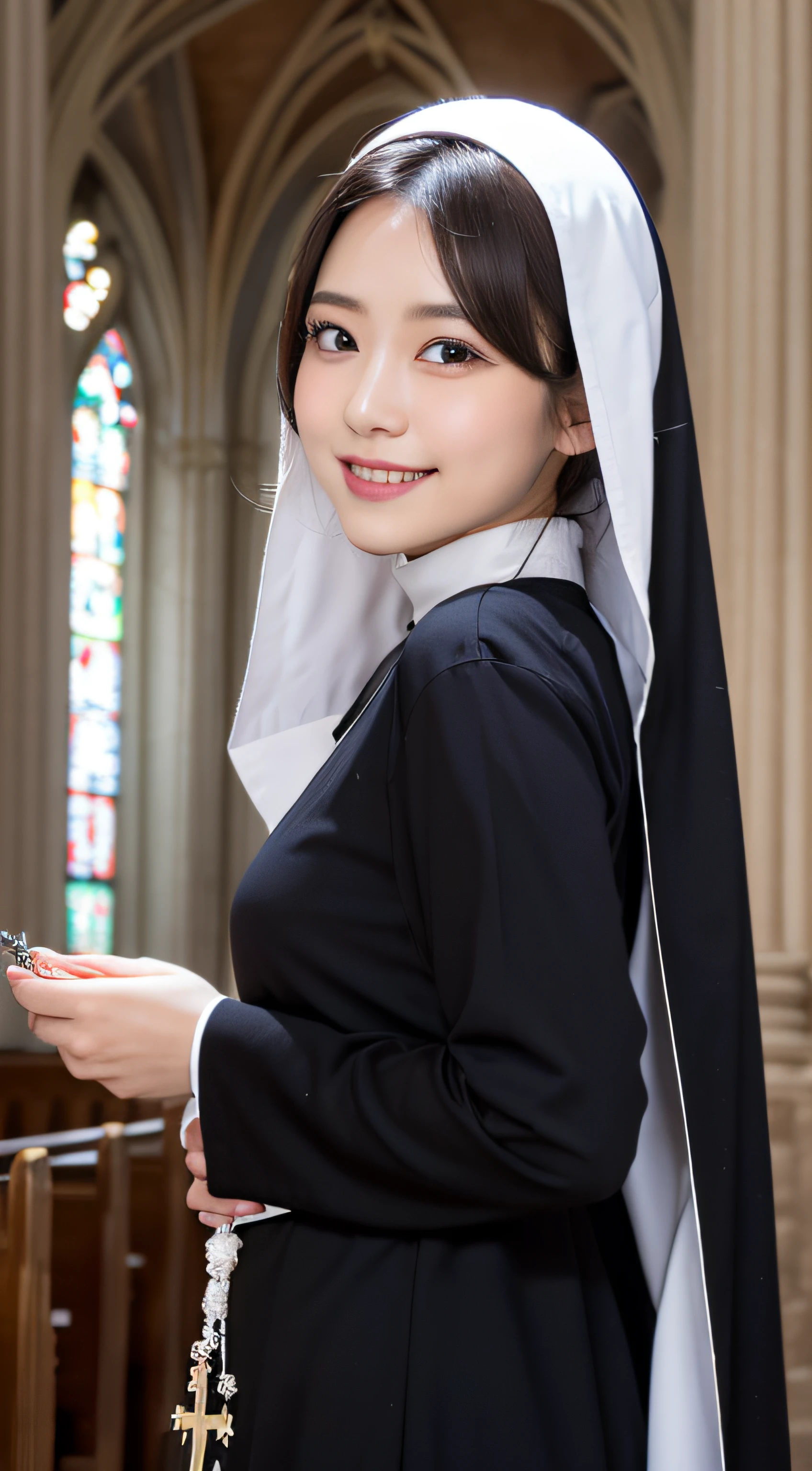 (masutepiece), Best Quality, Photorealsitic, finely detail, hight resolution, 8K Wallpapers, Perfect dynamic composition, Beautiful detailed eyes, Medium Hair, (Nun with cross and rosary in hand in cathedral), (Veiled nun), (Breast bulge 1.2), A smile, Open mouth、25-years old, (Drooping eyes 1.4), Adult beauty, Japanese.