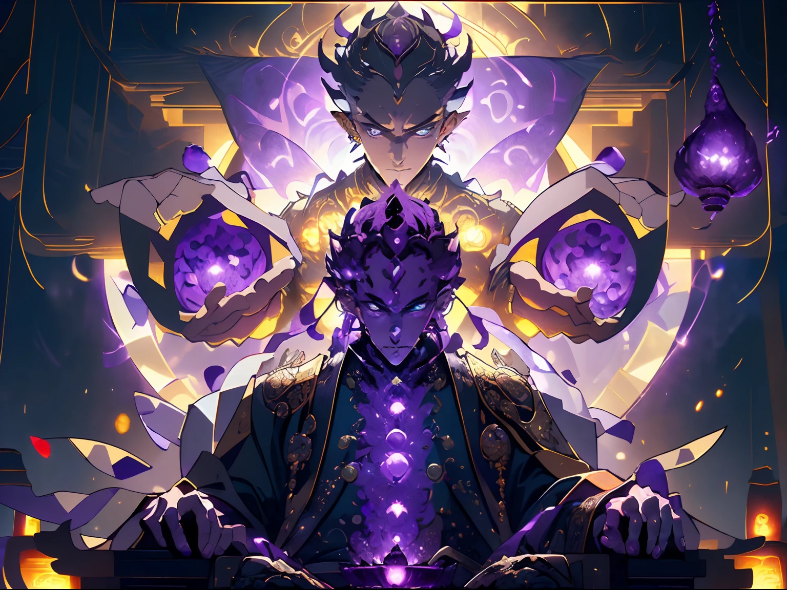 ((A man sits seated on a rough hewn, abstract stone throne emitting V0id3nergy. He wears black kimono with gold trimmings and details along with a golden undershirt with sleeves showing, wearing a dark gray hakama. The clothes have a golden Chinese dragon pattern embroidered on them.)), ((( A translucent tiger spirit is seen hovering above the man on the throne. The Black tiger spirit has the Japanese character for king on it's forehead, it's eyes glowing a piercing purple. The spirit emits an aura shaped like cyan flames encompassing the man and the throne he sits on protecting him. A black mandala is seen in the background, intricately detailed with symmetric purple lotus and dragon patterns, radiating a sense of stability, wisdom and power, denoting him to be a powerful wise and just Emperor.)))