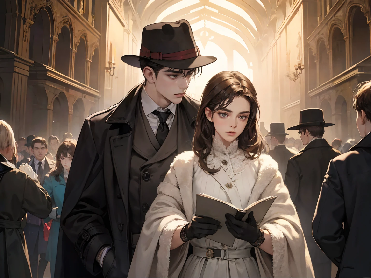 masterpiece, best quality, realistic, 1man, mature male, quiet and charming young man, 25 years old, close his eyes, serious look, extremely detailed face, ((dark grey eyes)), ((short-right-swept dark brown hair)), [thick eyebrows], detective, ((Dressed in a classic overcoat and fedora hat with gloves)), cinematic lighting, looking at the audience, posture dynamics, Victorian era, reading