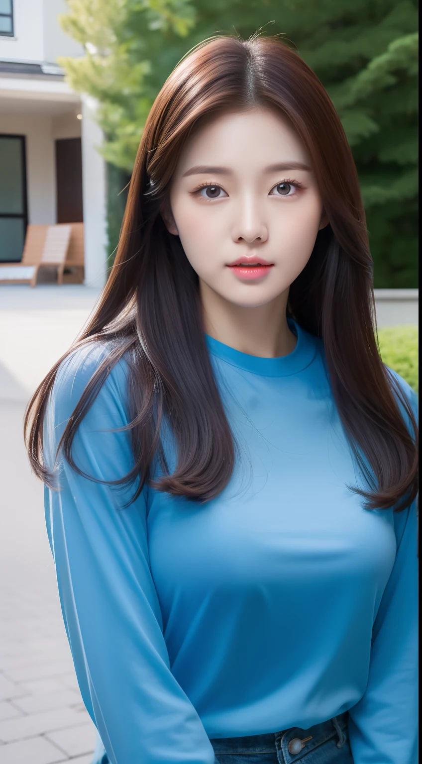 realistic photos of 1 cute Korean star, straight hair, white skin, thin makeup, 32 inch breasts size, wearing blue long sleeves shirt, sitting in front of the house, upper body portrait, UHD