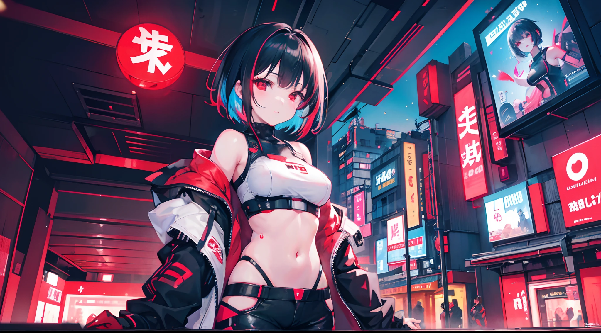 anime girl in a black bra top and red jacket standing in a city, seductive anime girl, oppai cyberpunk, anime moe artstyle, attractive anime girl, anime style. 8k, cyberpunk anime girl, kantai collection style, anime style 4 k, biomechanical oppai, anime waifu, ecchi anime style, oppai, modern cyberpunk anime