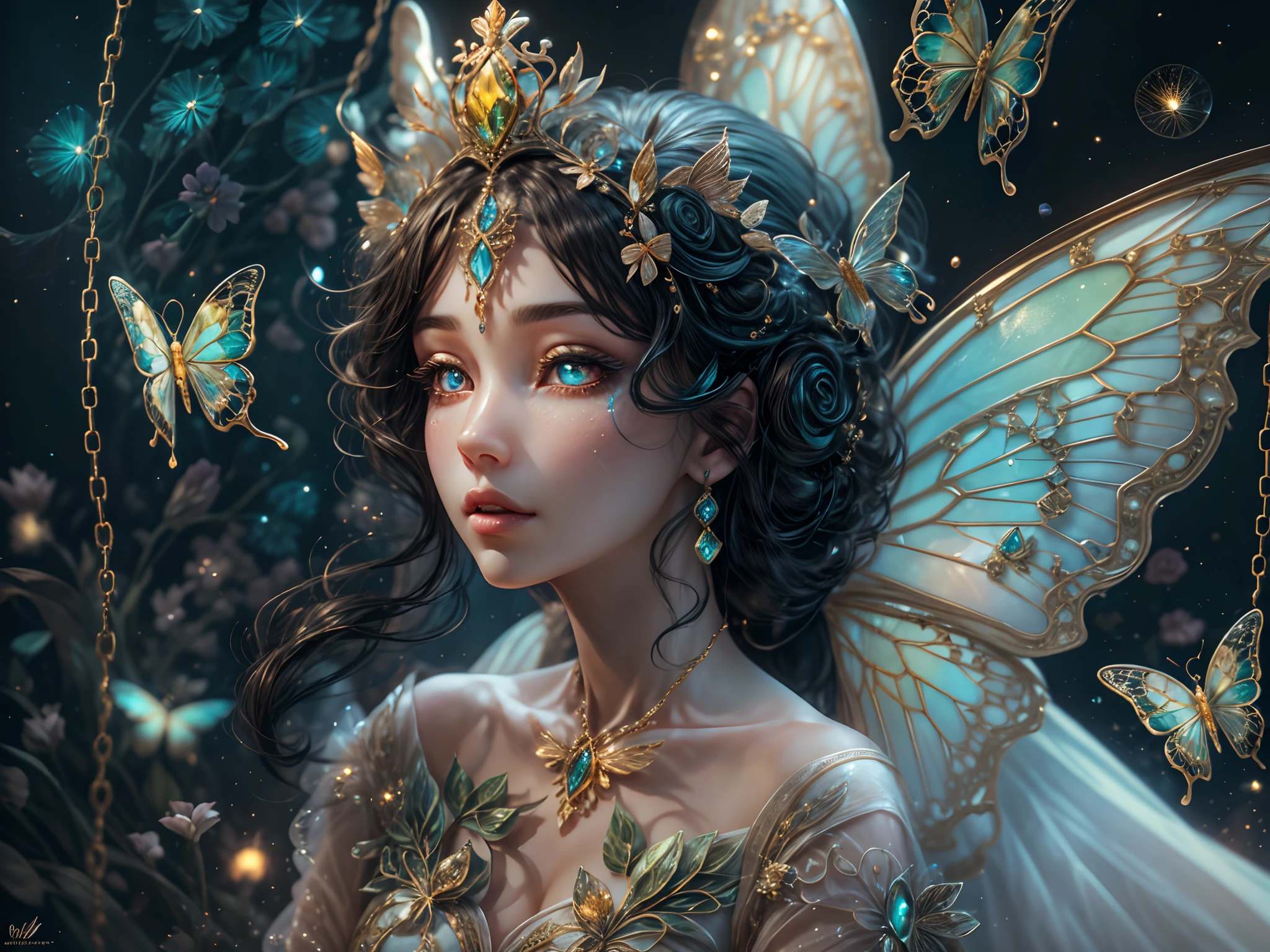 This is、It's a masterpiece of realistic fantasy with lots of sparkles, Glitter, and intricate ornate details. Produces one ite woman with a beautiful delicate crown sitting on a garden swing at night. She is a beautiful and seductive butterfly queen with stunning curly black hair, (((Incredibly realistic and detailed dynamic eyes in bright colors with realistic shading))).  Her skin is translucent white, Her eyes are shining, And her dress is elegant. Her dress is spun with delicate and finest gossamer silk, Convoluted, Delicate floral details and gold silk butterfly sleeves. Her face is lovely and lonely. Include flowers that glow in the dark, Lots of particles, Highly realistic fantasy butte fly with translucent gem-colored wings and fine details, And shine. Artwork done in the style of Guviz、Trending fantasy titles from Artstation and Midjourney、Reminds of the masters of this genre. camera: Using dynamic composition techniques、Emphasizes ethereal delicacy and delicate details.