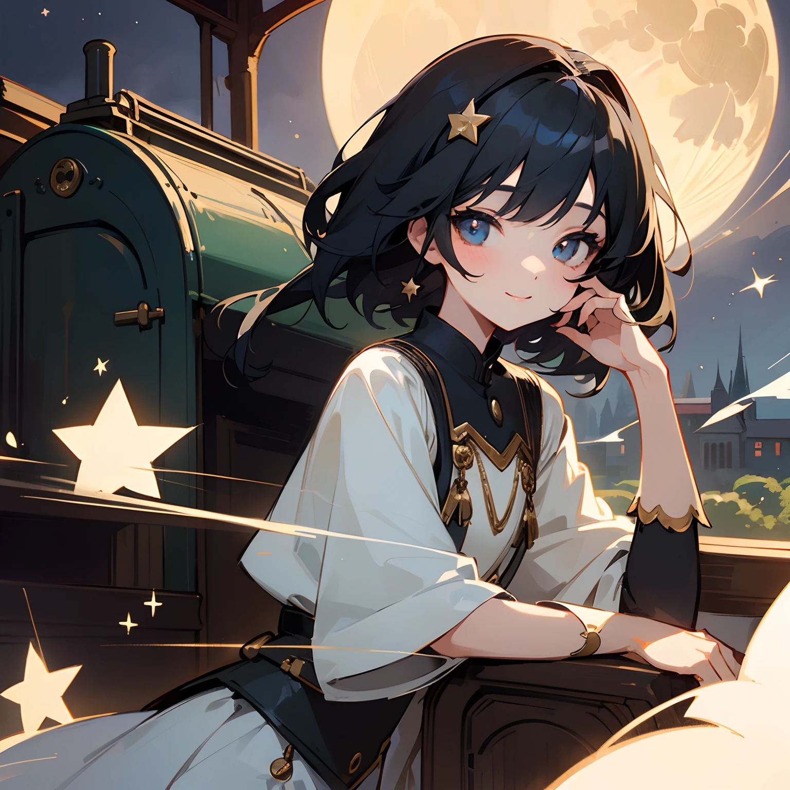 Beautiful illustration、top-quality、girl with、Black hair、shorth hair、hair adornments、Fashionable clothes、A slight smil、(((Delicat eyes)))、Sitting on a steam locomotive、Beautiful Full Moon、Clean stars