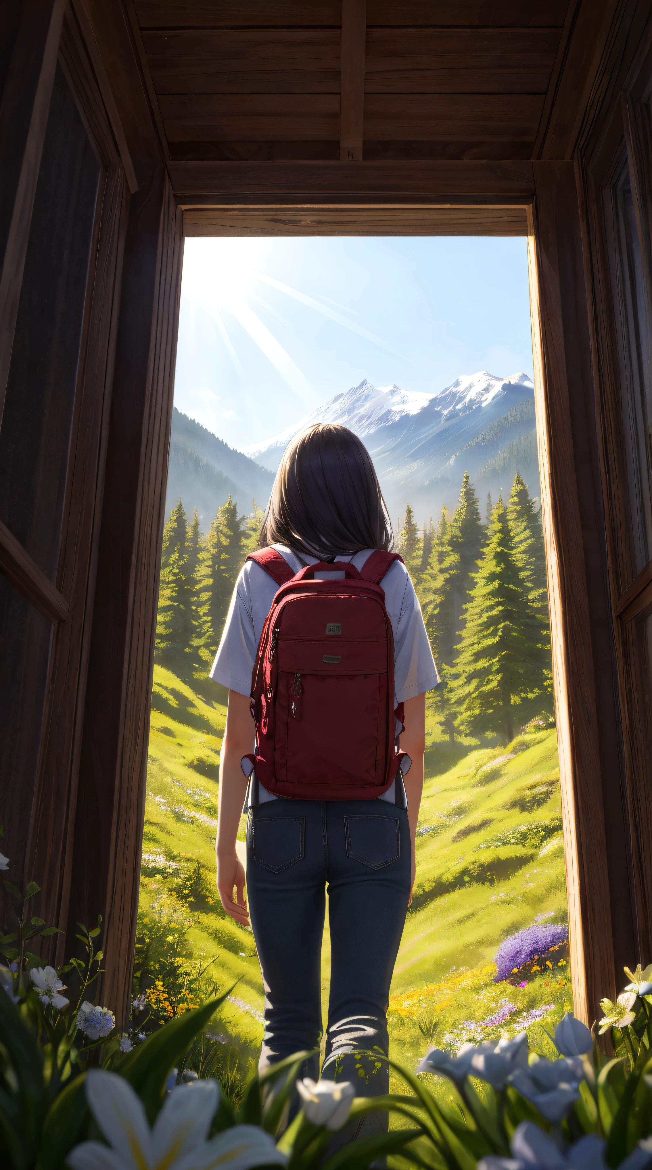 Masterpiece, best quality, 1girl, solo, from behind, backpack, adventurer clothes, day, forest, trees, flowers, bushes, sunlight, mountainous horizon, sky, warm lighting, hyperrealistic, detailed background, depth of field, rimlighting, specular highlights, bloom, atmospheric lighting