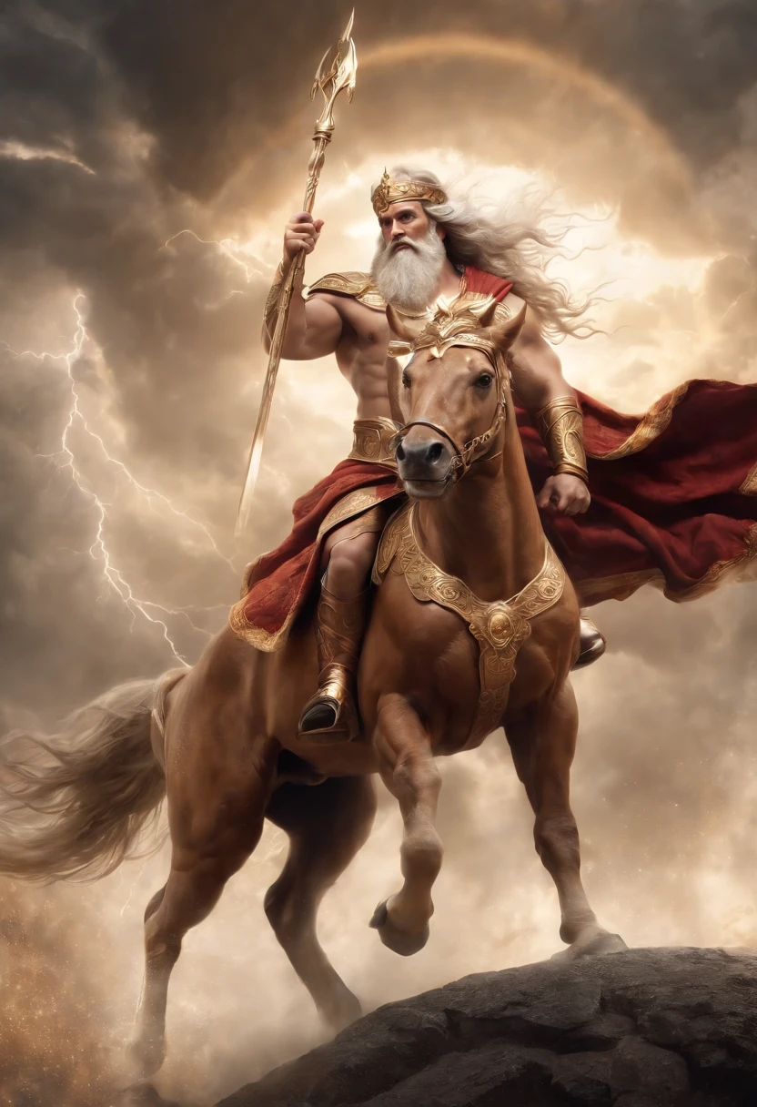 (highres,best quality,realistic:1.37),Zeus,King of the gods,Mt. Olympus,celestial lighting,commanding presence,thunderous power,golden crown and scepter,muscular build,beard and flowing hair,intricate lightning bolts,rays of divine energy,chariot pulled by majestic winged horses,storm clouds gathering,thunder and lightning,tempestuous skies,heavenly aura,awe-inspiring deity,regal and majestic,Sky Father and ruler of the heavens.