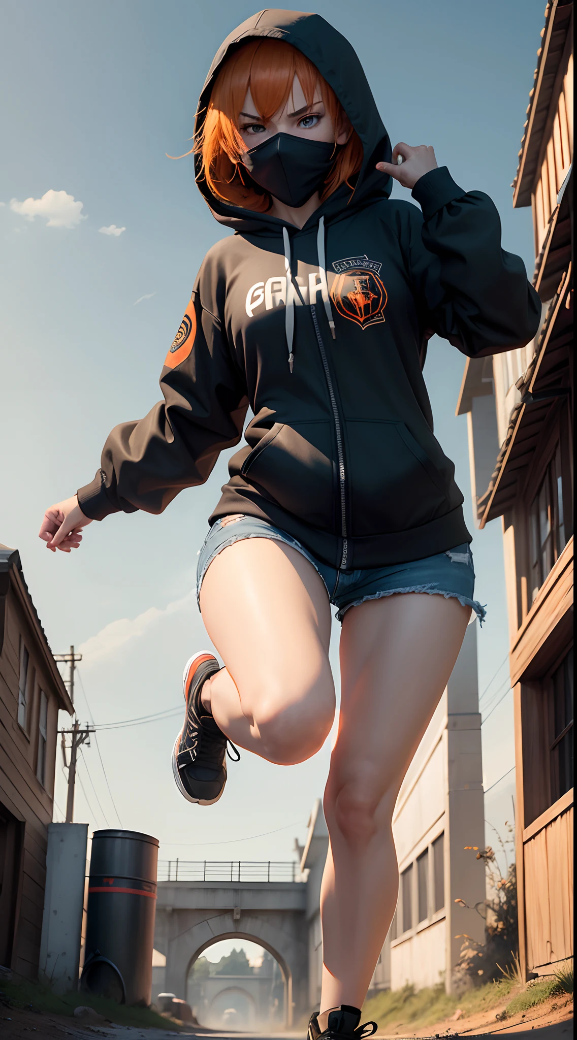 1 female 20 years old, medium orange hair, orange eyes, angry eyes, determined eyes, sharp eyes, wearing black hooded jacket, put on hood, hood up, cover her face with a hood, hide face, wearing jean shorts, wearing black shoes, hand holding hunting knife, raise the knife forward, prepare for assassination, prepare to attack, from the front, full body, full character, jumping up, jumping, legs curled up, open legs, forward kick, falling, roof, late afternoon, sky, extremely detailed, best graphics, 8k, ultrasharp, masterpiece