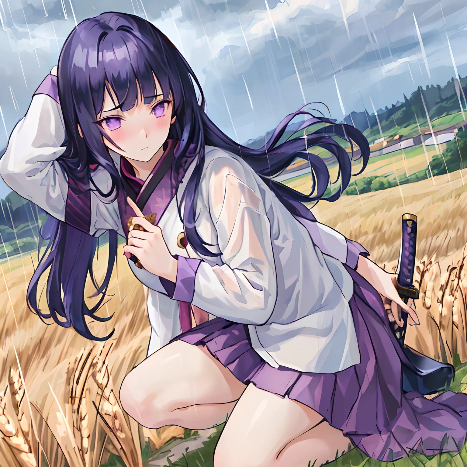 masterpiece, high detailed, high resolution, 4k, (1girl, solo, samurai armor, sad, depressed, mourning,Blunt Bangs, purple eyes, long dark blue hair, blush, no helmet, fit, on knees, pretty eyes, beautiful face), (rainy, wheat field, cloudy, sword in the ground), arms on knee, hair blowning, (perfect fingers)