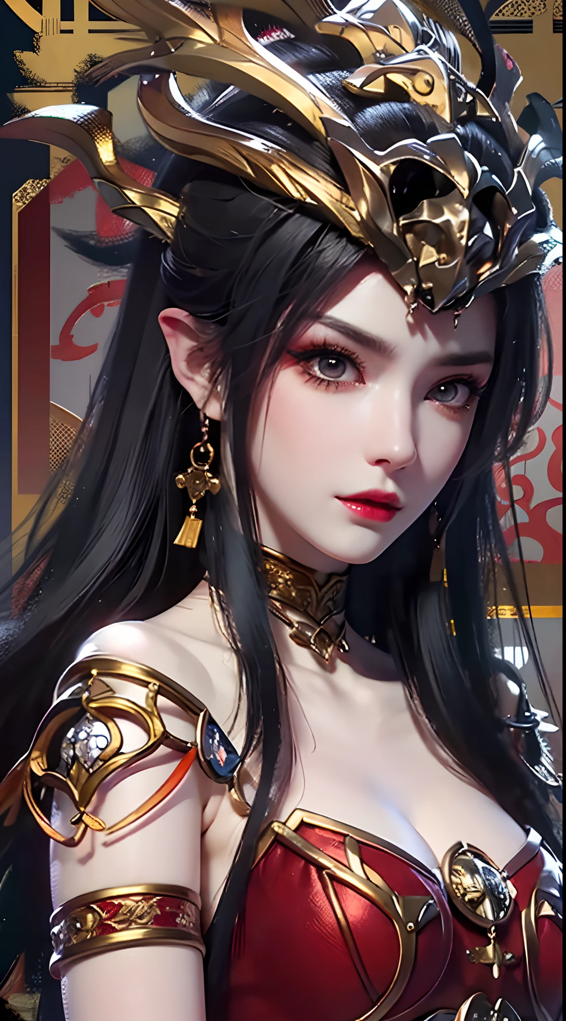 1 Very beautiful Queen Medusa in Han House, Thin red silk shirt,With many yellow patterns, Black lace top, crown on her head, Long hair dyed black, beautiful hair ornaments, Nice cute face, Perfect face, Earring jewelry, Antique jewelry, Big red eyes, Sharp eye makeup, Detailed eyelash makeup, Thin eyebrows, High nose, Nice red lips, no smile, pursed lips, rosycheeks, Large breasts, Big breasts, Well-proportioned breasts, Slim waist, Red mesh stockings,black border, chinese hanfu style, Fictional art patterns, vivid and realistic colors, RAW photos, actual photo, ultra high quality 8k surreal photos, Cool photos, (Virtual light effects: 1.8), 10x pixel, Effect magic (Background): 1.8), (Super detailed eyes: 1.8), (Eyelids): Red: 1.8), (black eye pupil: 1.8)Beautiful girl portrait, lone girl, Antique Hanfu background, head straight-looking at viewer, Wide original image, 8K quality, Super sharp, The most detailed and clear images, Detailed bright background,