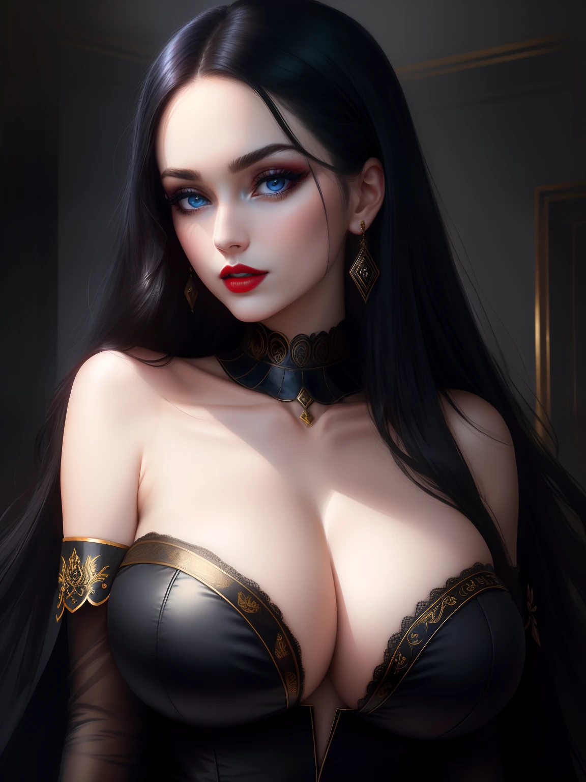 (Face and breast Close up shot) woman beautiful face, big blue eyes, red lipstick, dark eyeshadows make up, long straight black hair, (pale skin), gold neck ornament, huge breast, slim figure, strapless dress, big cleavage, black dress, hand playing with hair, (master piece, intrincated details, reflex, photo reslistic, amazing lights and shadows) (8k) perfect eye, perfect face, inside dark room background