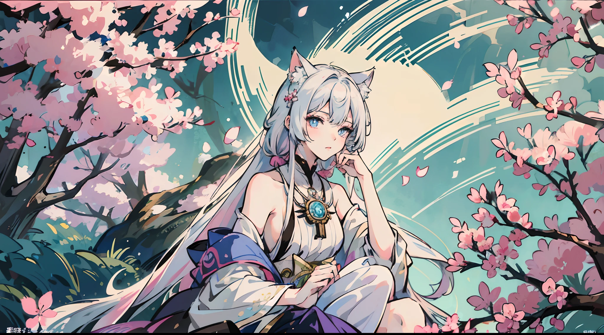 Masterpiece, Ultra Detail, Best Quality, High Resolution, High Quality, Anime Characters, White Hair with Pink Highlight, Long Shoulder Length Hair, Straight hair, White Off Shoulder Clothing, Genshin Impact Kokiyo, Genshin Impact Character, Remlezze, Arknights, Detailed Key Anime Art, Exquisite Hermaphroditic Prince, Shigeri Mueshima Illustration, Genshin Impact Style, Beautiful Hermaphroditic Prince, Key Anime Art, Genshin Impact, Full Body Single Character, Expressionless, Cat Ears, Cat Tail, Blue Eyes, Slim, Animal Ear Fluff , 8K, Best picture quality, neutral style, anime fantasy illustration, high detail official artwork, clear focus