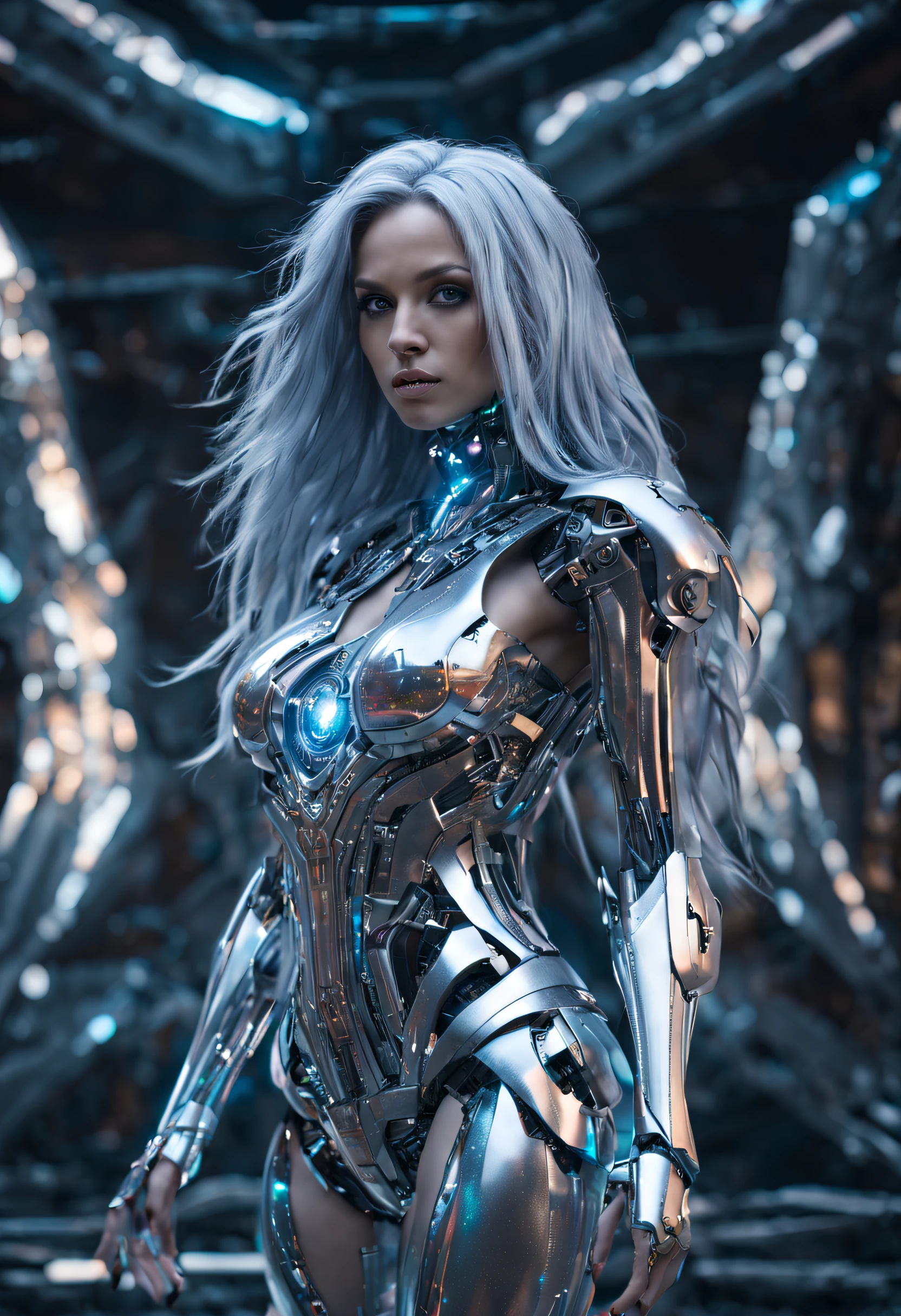 studio photo, beautiful robotic metal woman with iridescent hair, standing alone, fragrealitytech, universe, scifi, shattered warped reality , refractions, space time , clock, giga woman, silver glowing hair , strange fantasy image, odd glowing rocks, beautiful, detailed, long flowing hair, medium breasts, great skin texture