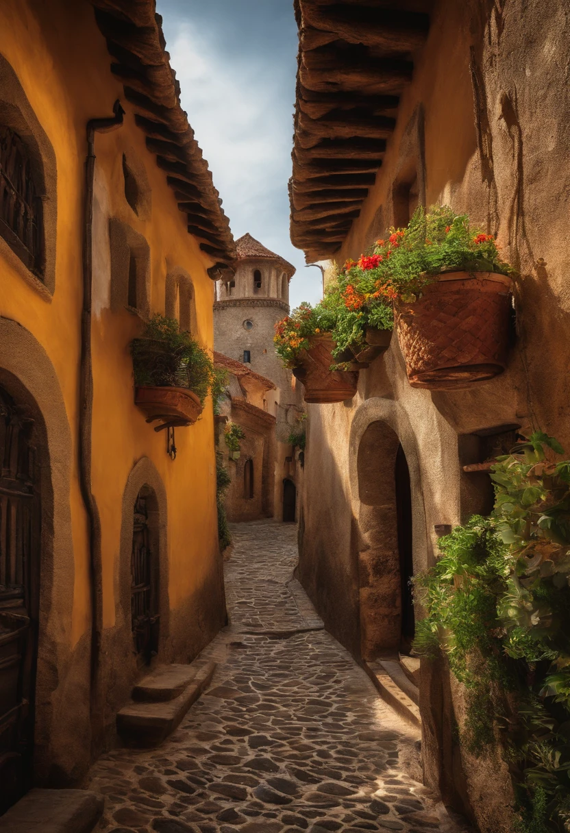 Cidade de fantasia medieval, Land of Planíces, murada, com um rio cruzado em seu centro, com casas humildes, casas e templos, mundo de fantasia, ultra detalhado, casas detalhadas, muro largo, 8k
