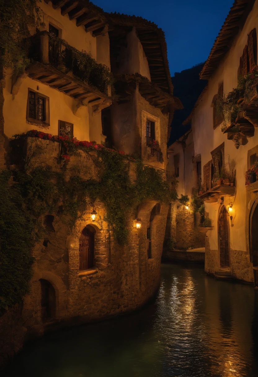 Cidade de fantasia medieval, Land of Planíces, murada, com um rio cruzado em seu centro, com casas humildes, casas e templos, mundo de fantasia, ultra detalhado, casas detalhadas, muro largo, 8k