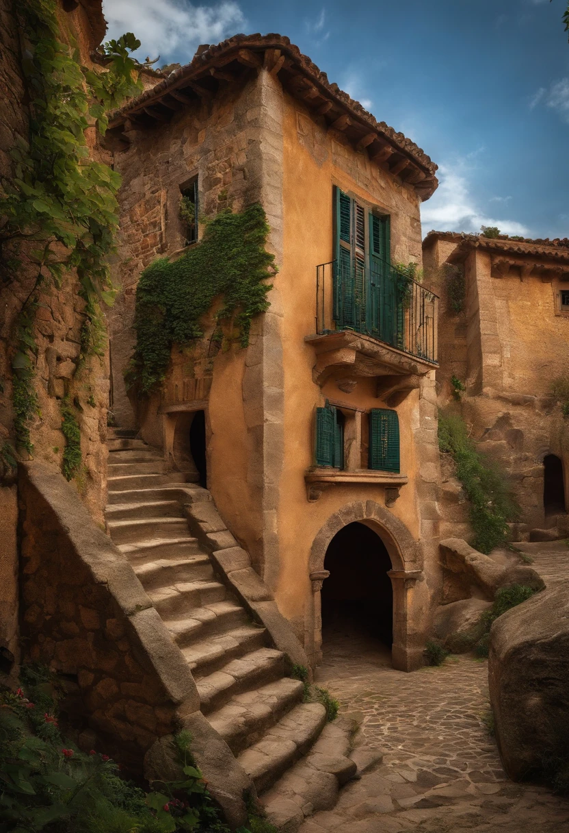 Cidade de fantasia medieval, Land of Planíces, murada, com um rio cruzado em seu centro, com casas humildes, casas e templos, mundo de fantasia, ultra detalhado, casas detalhadas, muro largo, 8k